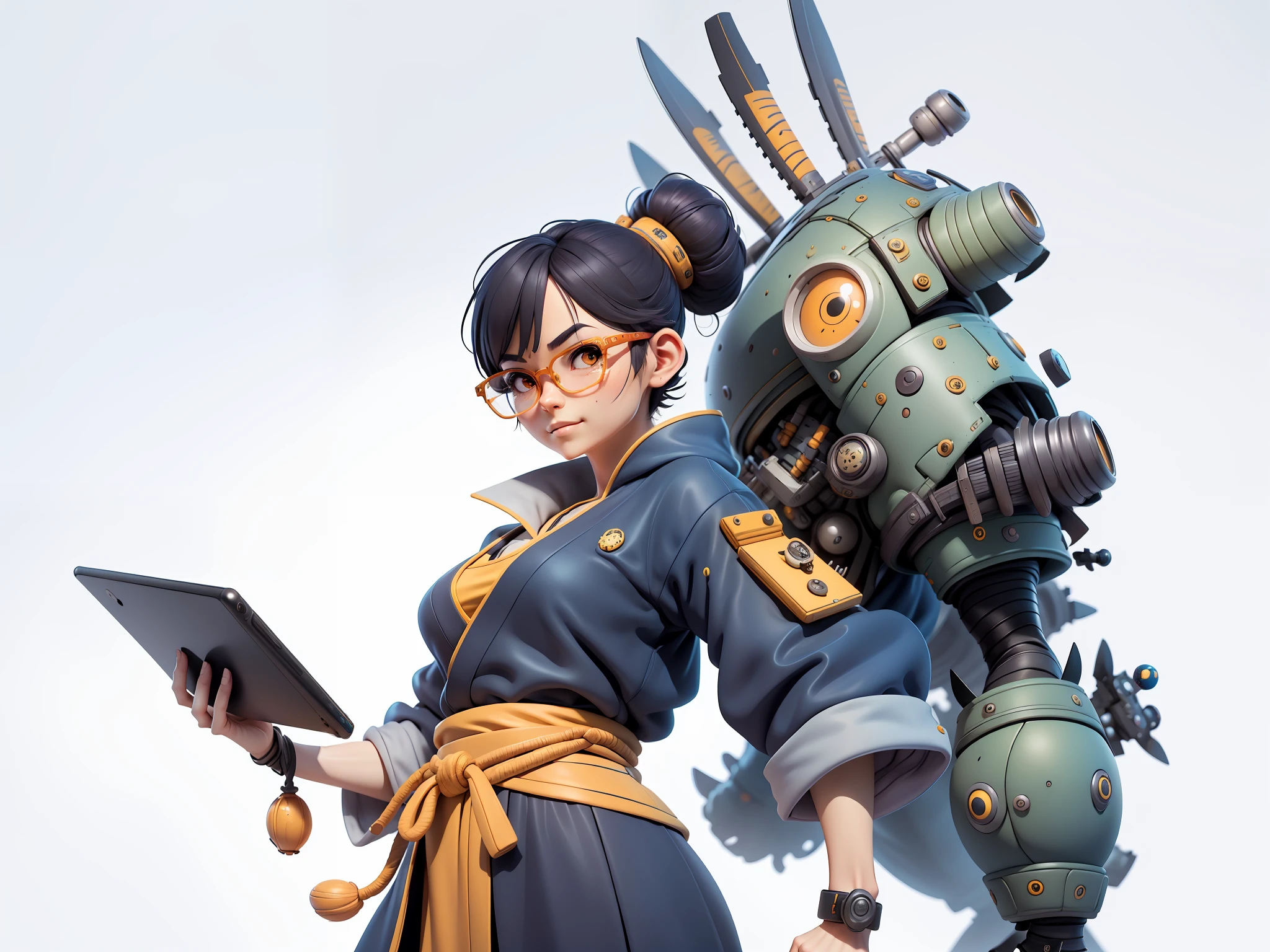 (Masterpiece), (Extreme Quality), (Super Meticulous), (Full Body: 1.2), Super Young Woman, Japanese Female Samurai Beautiful, Tiger, Sexy, Bursting, Oriental Face, TV Anchor, Bust Portrait Illustration, Alone, Black Suit, Blue Tie, Silver Glasses, Slightly Chubby Face, Very Clean Face, No Beard, Black Super Short Hair, Black Eyes, Confident Smile, 3c Computer Sub-Products, iPad, iPhone, Digital Painting, 3D Character Design by Mark Claireden and Pixar and Hayao Miyazaki, The illustration is a high-definition illustration in 4K resolution with very detailed facial features and cartoon-style visuals.