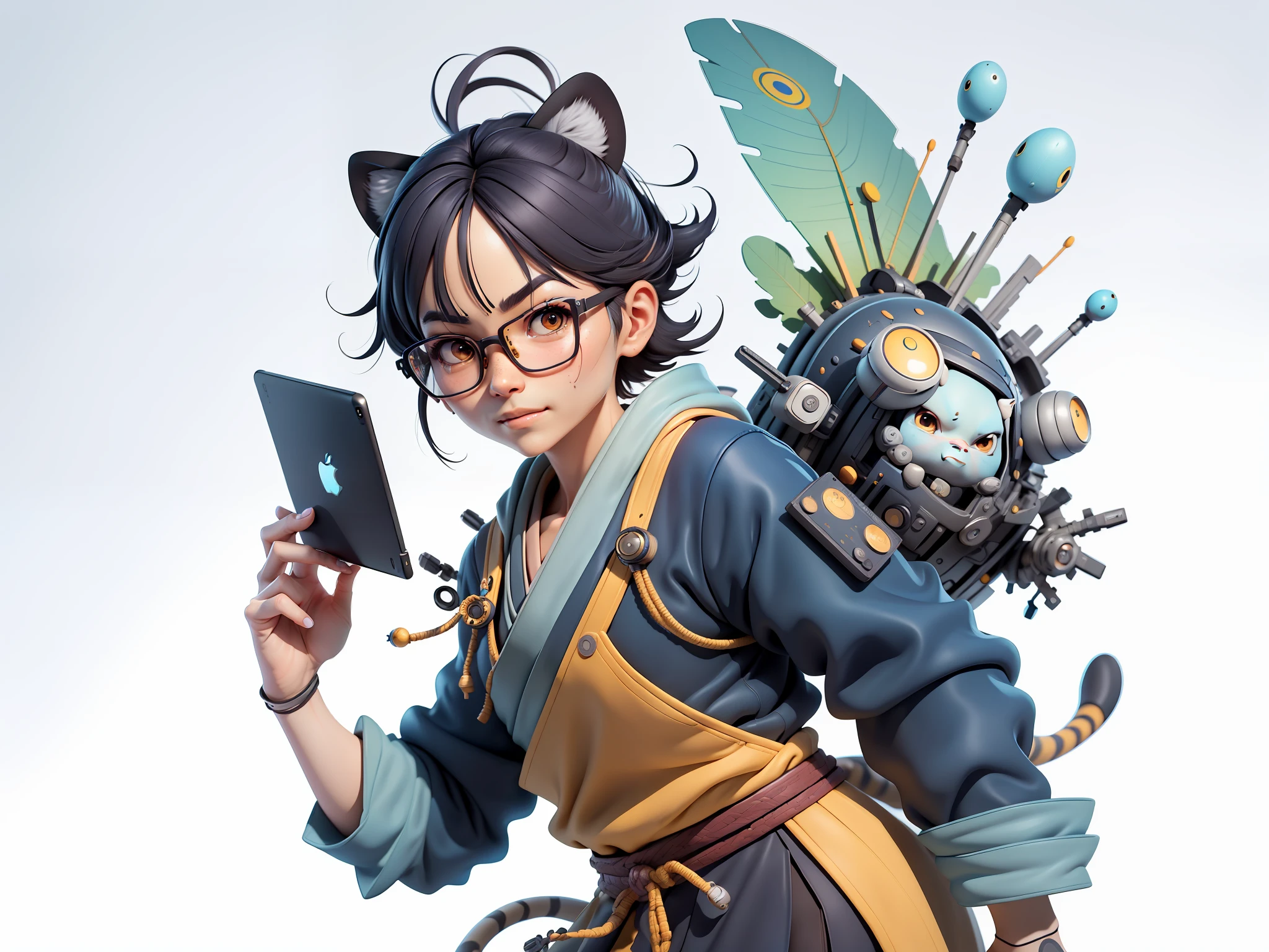 (Masterpiece), (Extreme Quality), (Super Meticulous), (Full Body: 1.2), Super Young Woman, Japanese Female Samurai Beautiful, Tiger, Sexy, Bursting, Oriental Face, TV Anchor, Bust Portrait Illustration, Alone, Black Suit, Blue Tie, Silver Glasses, Slightly Chubby Face, Very Clean Face, No Beard, Black Super Short Hair, Black Eyes, Confident Smile, 3c Computer Sub-Products, iPad, iPhone, Digital Painting, 3D Character Design by Mark Claireden and Pixar and Hayao Miyazaki, The illustration is a high-definition illustration in 4K resolution with very detailed facial features and cartoon-style visuals.