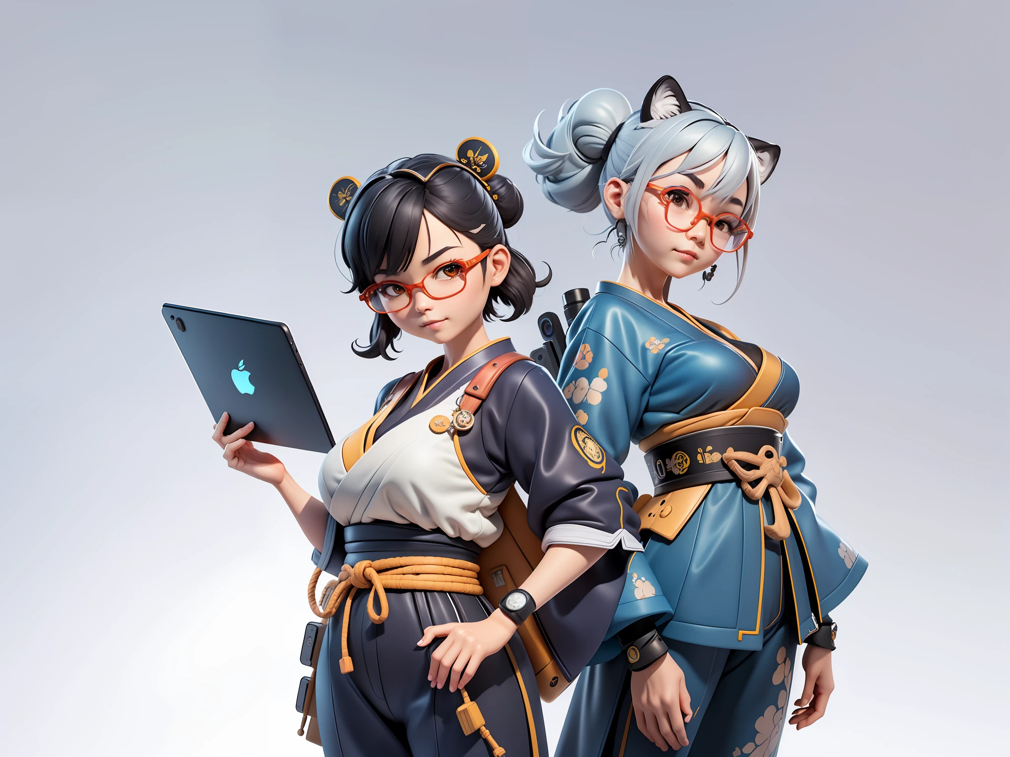 (Masterpiece), (Extreme Quality), (Super Meticulous), (Full Body: 1.2), Super Young Woman, Japanese Female Samurai Beautiful, Tiger, Sexy, Bursting, Oriental Face, TV Anchor, Bust Portrait Illustration, Alone, Black Suit, Blue Tie, Silver Glasses, Slightly Chubby Face, Very Clean Face, No Beard, Black Super Short Hair, Black Eyes, Confident Smile, 3c Computer Sub-Products, iPad, iPhone, Digital Painting, 3D Character Design by Mark Claireden and Pixar and Hayao Miyazaki, The illustration is a high-definition illustration in 4K resolution with very detailed facial features and cartoon-style visuals.