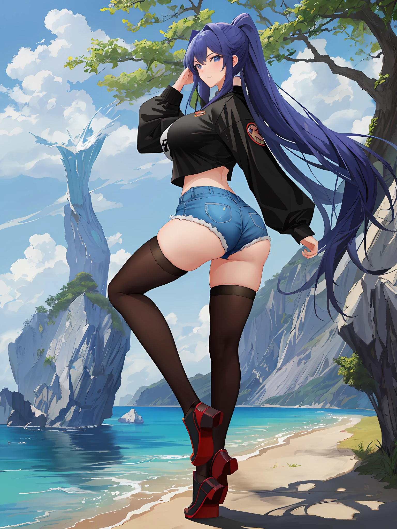 ((top quality, 8k, masterpiece: 1.3)), anime girl with very big breasts and very big ass, full body Xianxia, focus ass, small curvy , (outdoor, shirt, shorts: 1.1), super detailed face, (big ass), (huge breasts: 1.5),pixiv3dcg,, negative, pixiv, ecchi, full body commission four, Top Rated on pixiv, Ecchi Anime Style, Seductive Anime Girl, pixiv