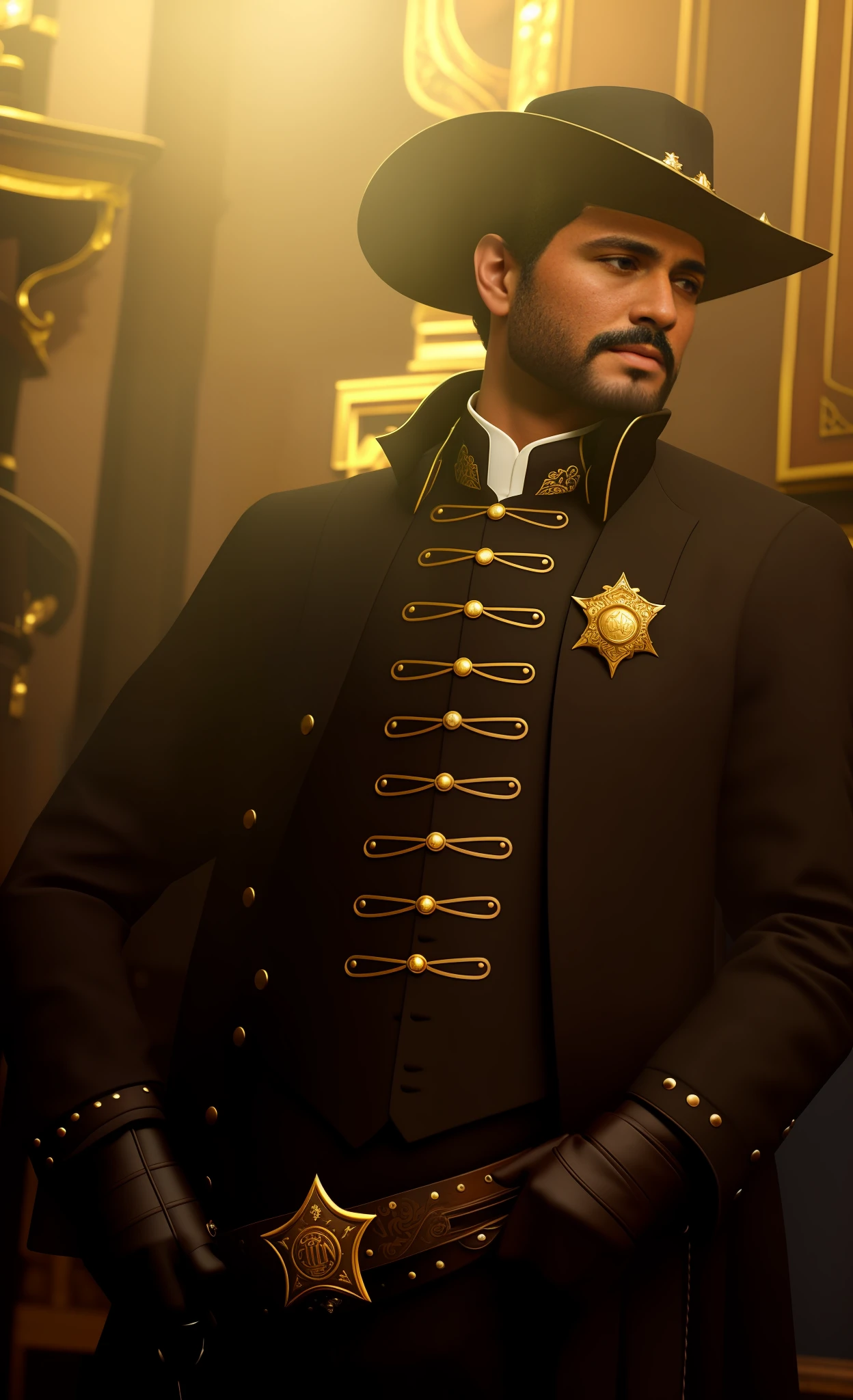 There is a man in hat and suit holding a sheriff's holster, very detailed and rich clothes, dignified aristocrat, dressed as a Western sheriff, nineteenth-century military attire, wearing a black noble suit, dressed with antique suit, ornate costume, ferred - themed robes and hat, intricate suit, teacher's clothes, black stetson and coat, wearing an ornate suit