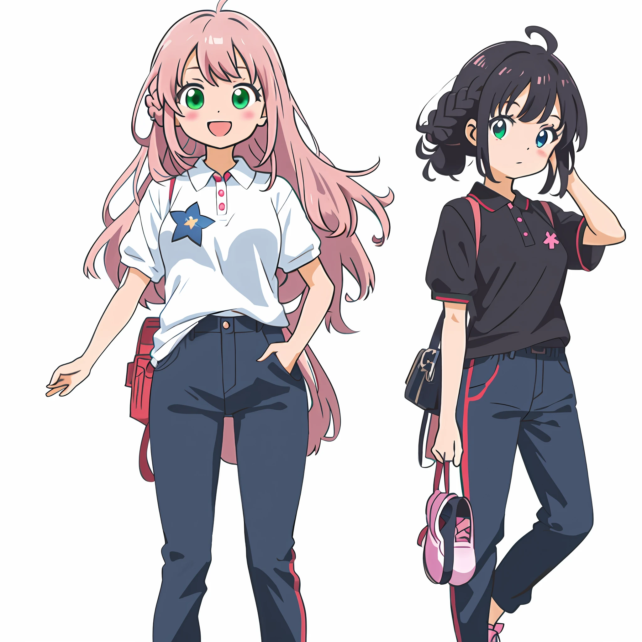 Anime illustrations in the style of "Kyoto Animation", highest quality, (cute: 1.1), (kawaii:1.5), (high resolution: 1.2), incredibly ridiculous: 1.3, incredibly fine illustrations, break ,1 beautiful girl, Solo, (heterochromia, light blue eyes and light green eyes), silhouette of star eyes, solo, standing figure, happy, :d, princess eyes, big breasts, break, braid, light pink hair, semi-long hair, red ribbon at the end of braid,break, (red short-sleeved polo shirt and black tight long pants, long heat tech inner shirt: 1.5) sneaker,break, standing, Angle from the front, break,vtuber,front angles,full body,(chibi:1.2)