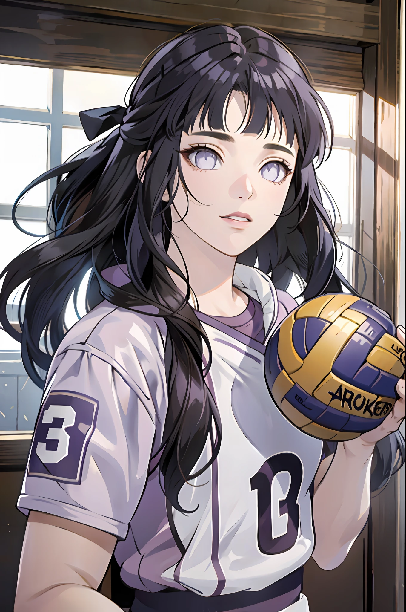 masterpiece, (ultra-detailed), 8K, ultra high res, (1girl), finely detailed beautiful eyes, dark blue hair, small breasts, long hair, purple eyes, light on face, light on body, solo, ((masterpiece)), sunshine light, stadium, (((volleyball))), (((volleyball player outfit))), (playing volleyball), hinata/(boruto/) , blunt bangs, updo hair, from front