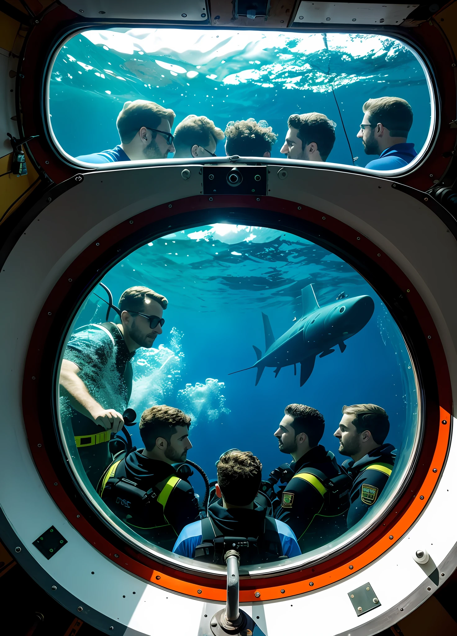 A photo of 5 sad men looking through the window of a submarine to the viewer they are at the bottom of the ocean, photorealistic,ultrarealistic photo,8k