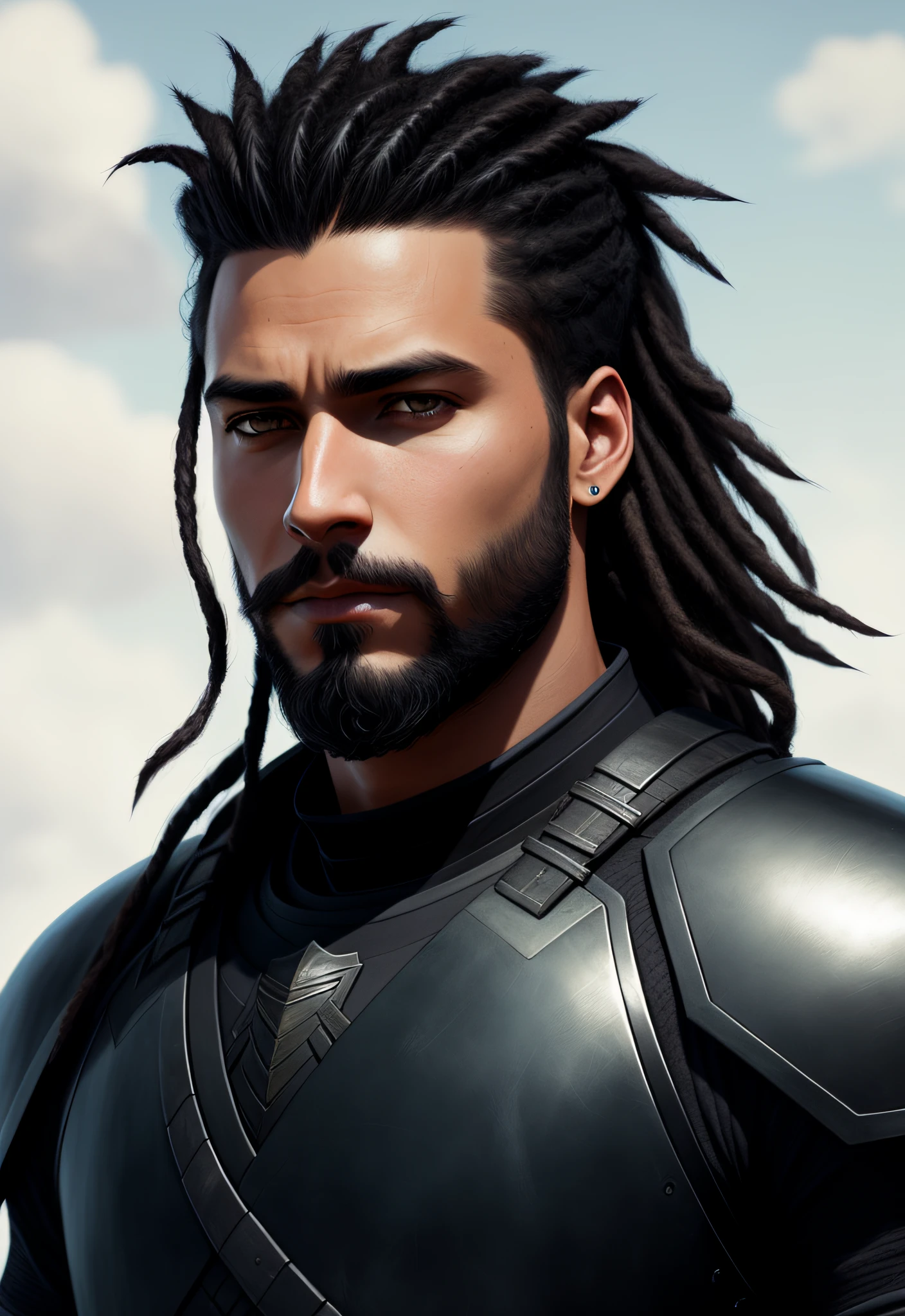 handsome man, dread hair, dark skin, Greg Rutkowski style, full black leather armor, with short beard, tied hair