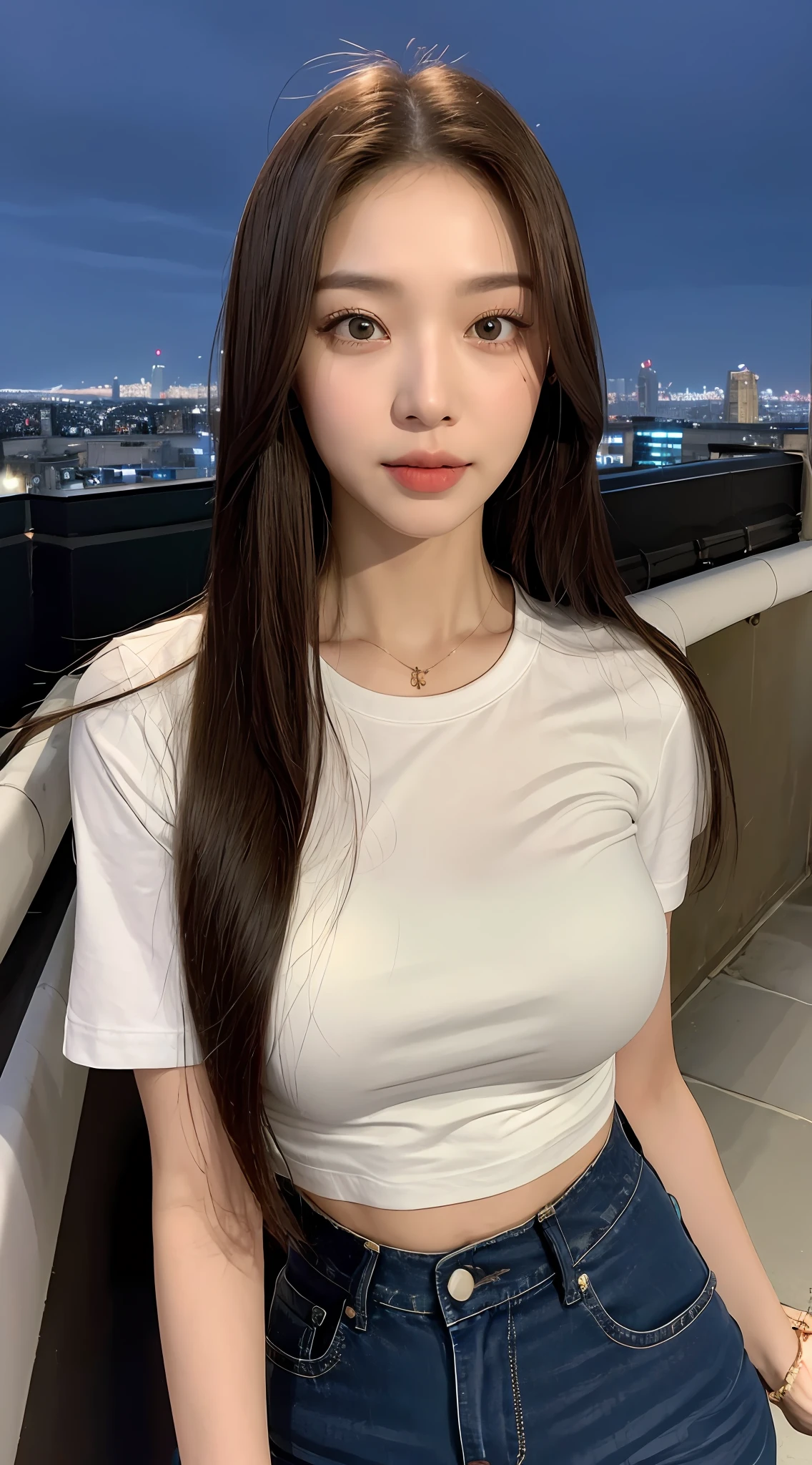 Smile,((Midnight, Best Quality, 8k, Masterpiece:1.3)), Full Body, Long Legs, Sharp Focus: 1.2, Pretty Women with Perfect Figure: 1.4, Slender Abs: 1.1, ((Dark Brown Hair, Big:1.2)), (White Tight T-Shirt, Jean Bib, Standing:1.2), ((Night City View, Rooftop: 1.3)), Highly Detailed Face and Skin Texture, Detailed Eyes, Double eyelid