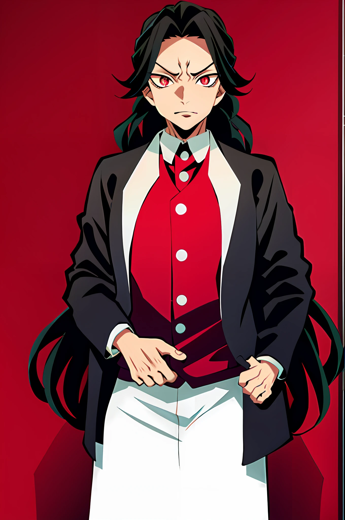 Kimetsu in Yaiba style, 1man, oni, red eyes, black and red suit, adult, long social hair