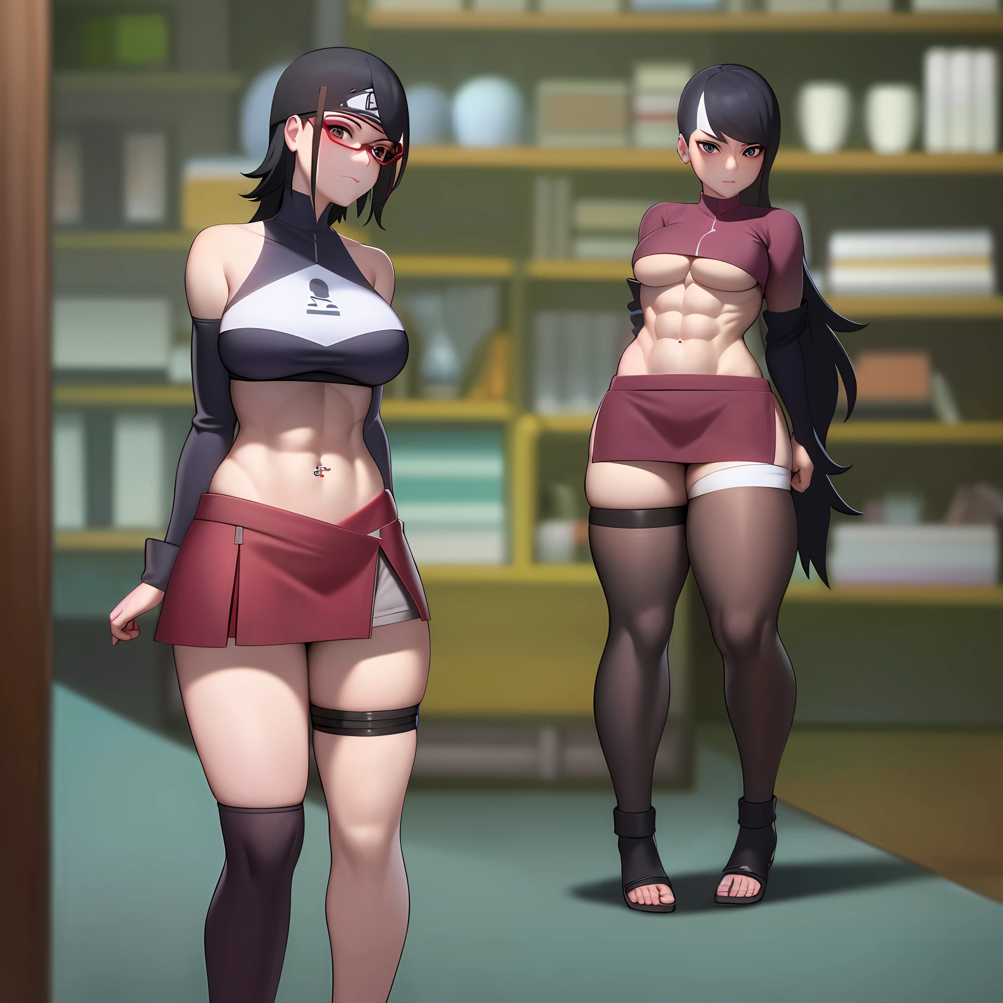 Thin waist, belly button piercing, 6 pack abs, sfw, nonnude, short skirt, big breasts, huge ass, arm warmers, tight thigh highs, thick thighs, uchiha Sarada, thick thighs, 8k