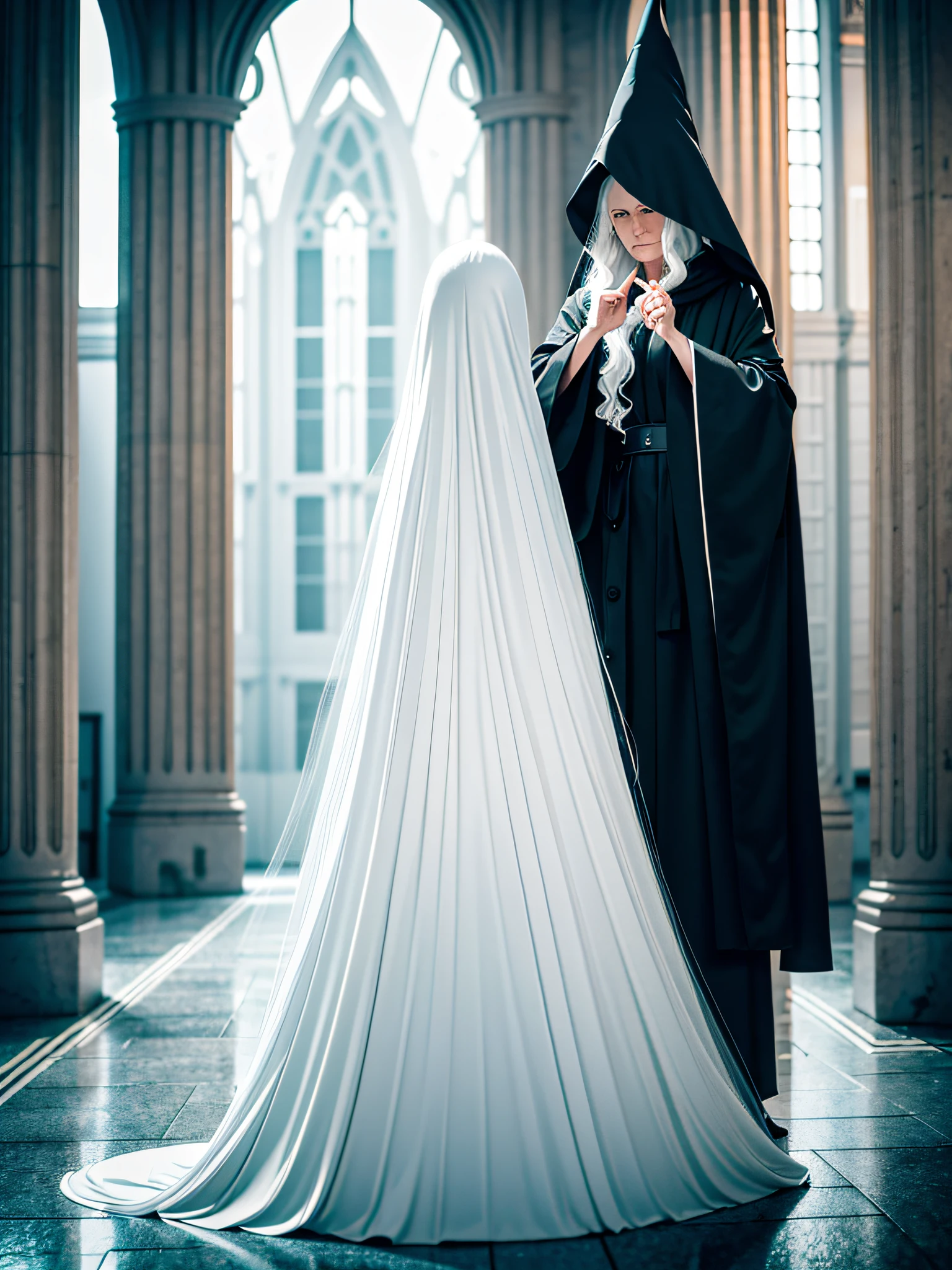 RAW photo, one person, full body black robe, skin invisible, red eyes, full body photo of 60 year old woman, pointing here, wavy white hair, long hair, witch hat, white skin, slender body, background is urban ruins, (very detailed skin: 1.2), 8k UHD, DSLR, soft lighting, high quality, film particles, fujifilm XT3