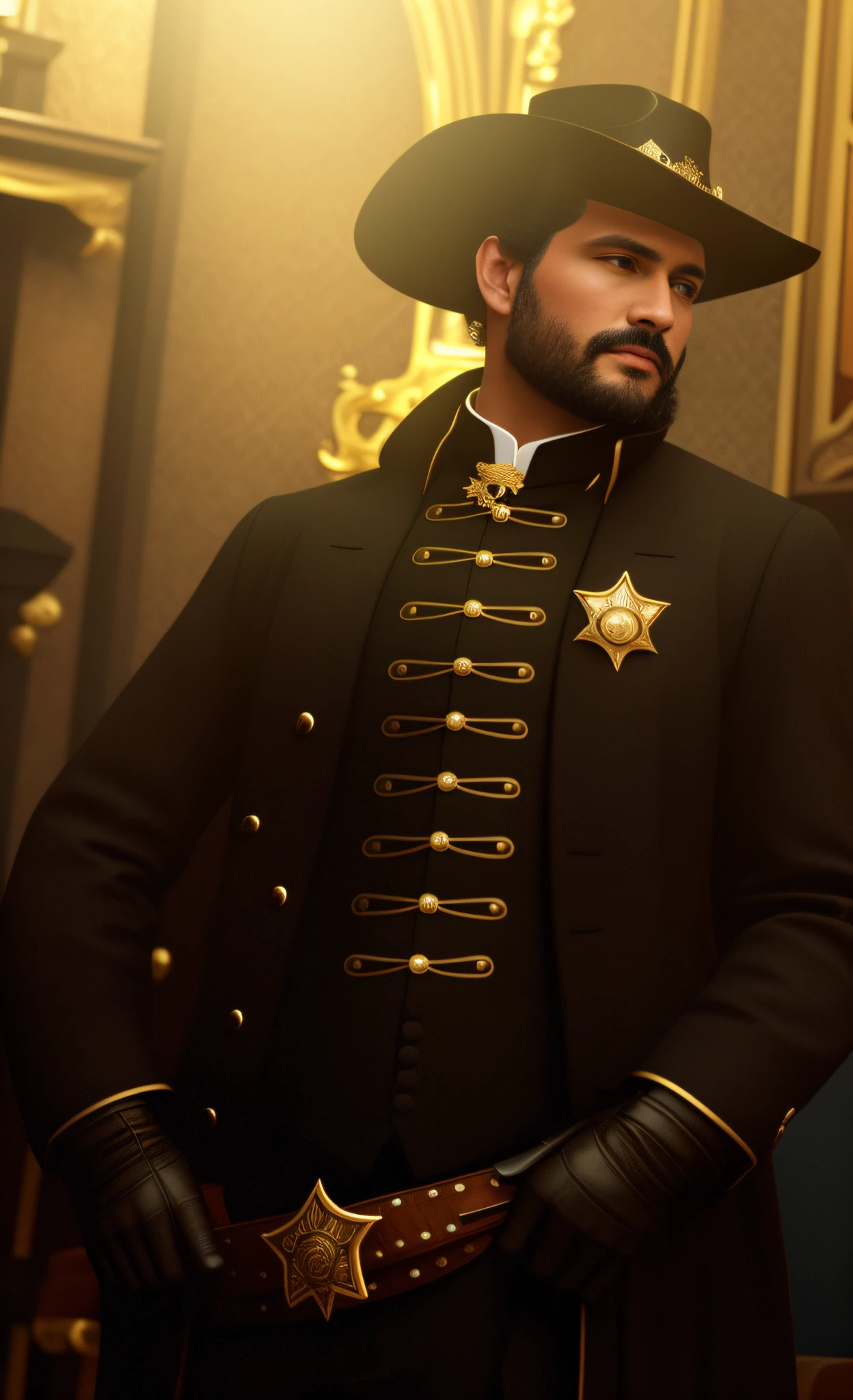 There is a man in hat and suit holding a sheriff's holster, very detailed and rich clothes, dignified aristocrat, dressed as a Western sheriff, nineteenth-century military attire, wearing a black noble suit, dressed with antique suit, ornate costume, ferred - themed robes and hat, intricate suit, teacher's clothes, black stetson and coat, wearing an ornate suit