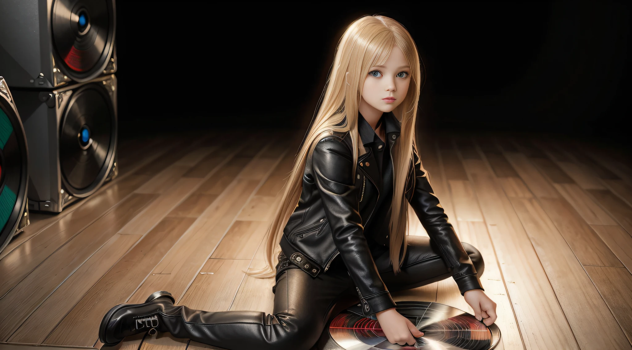 (hyper-realistic), (illustration), (high resolution), 12-year-old girl sitting on the floor, long blonde straight hair, with black leather jacket and black outfit, in the photographic studio, with white infinite background, with many cds and vinyls on the floor.