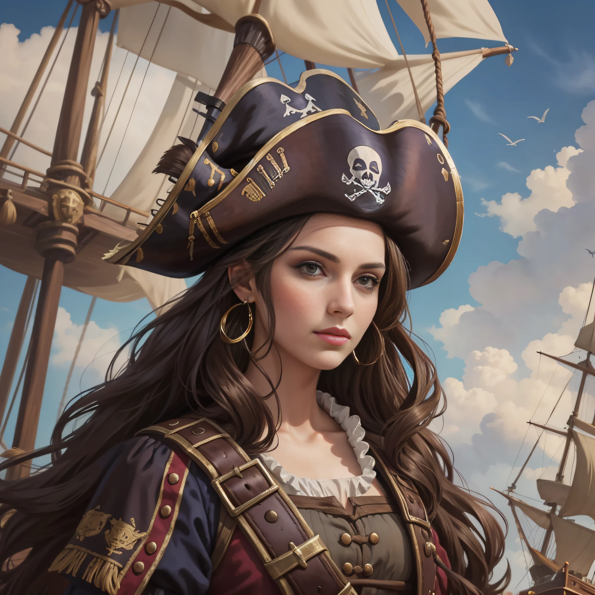 Pirate brunette woman in 17th century Spanish uniform, feathered tricorn, wind, beautiful digital artwork, pirate ship background