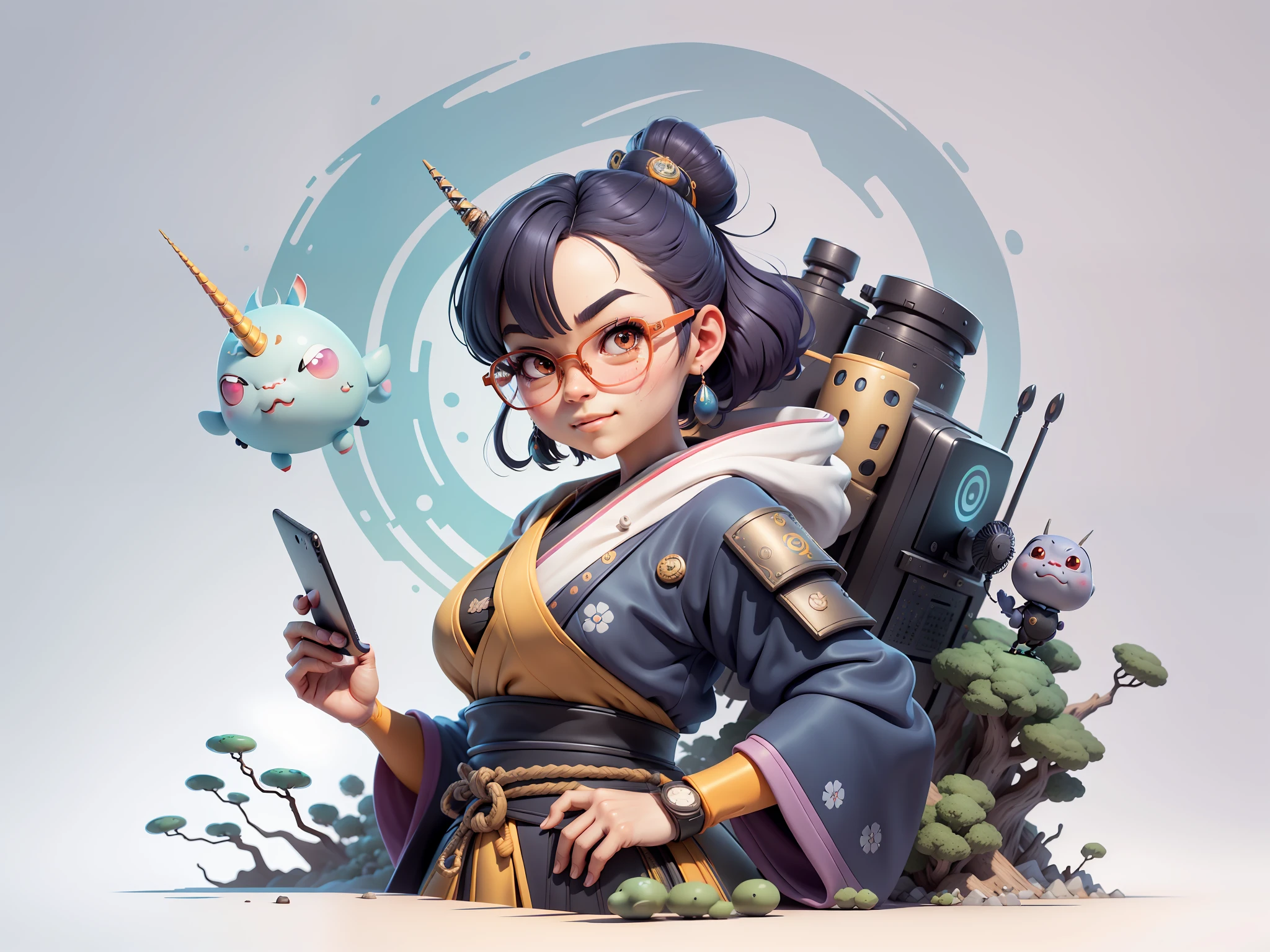(Masterpiece), (Excellent), (Super Meticulous), (Full Body: 1.2), Super Young Woman, Japanese Samurai Beautiful, Unicorn, Sexy, Bursting, Oriental Face, TV Anchor, Bust Portrait Illustration, Alone, Black Suit, Blue Tie, Silver Glasses, Slightly Chubby, Very Clean Face, No Beard, Black Super Short Hair, Black Eyes, Confident Smile, 3c Computer Sub-Products, iPad, iPhone, Digital Painting, 3D Character Design by Mark Claireldon and Pixar and Hayao Miyazaki, The illustration is a high-definition illustration in 4K resolution with very detailed facial features and cartoon-style visuals.