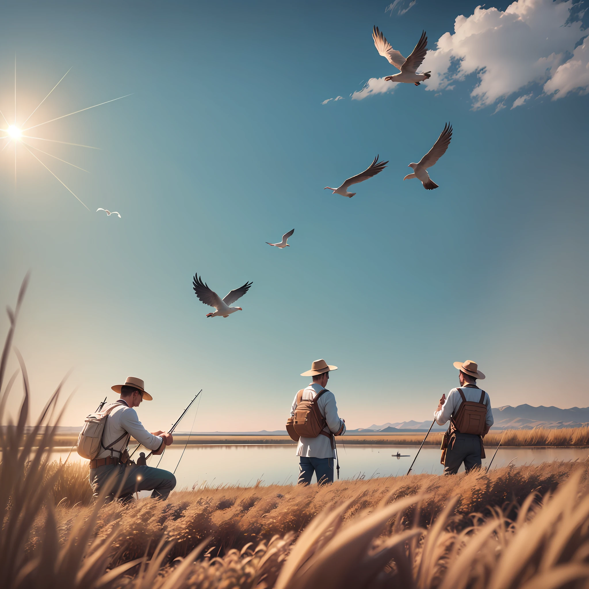 It generates an image of men in the field working in the fields, but with eyes turned to a clear sky, shimmering sun, with sparse white clouds, birds flying, a river next to it, with a boat and fishermen fishing, illustration type, 3D, 4K, 16:9 --auto --s2