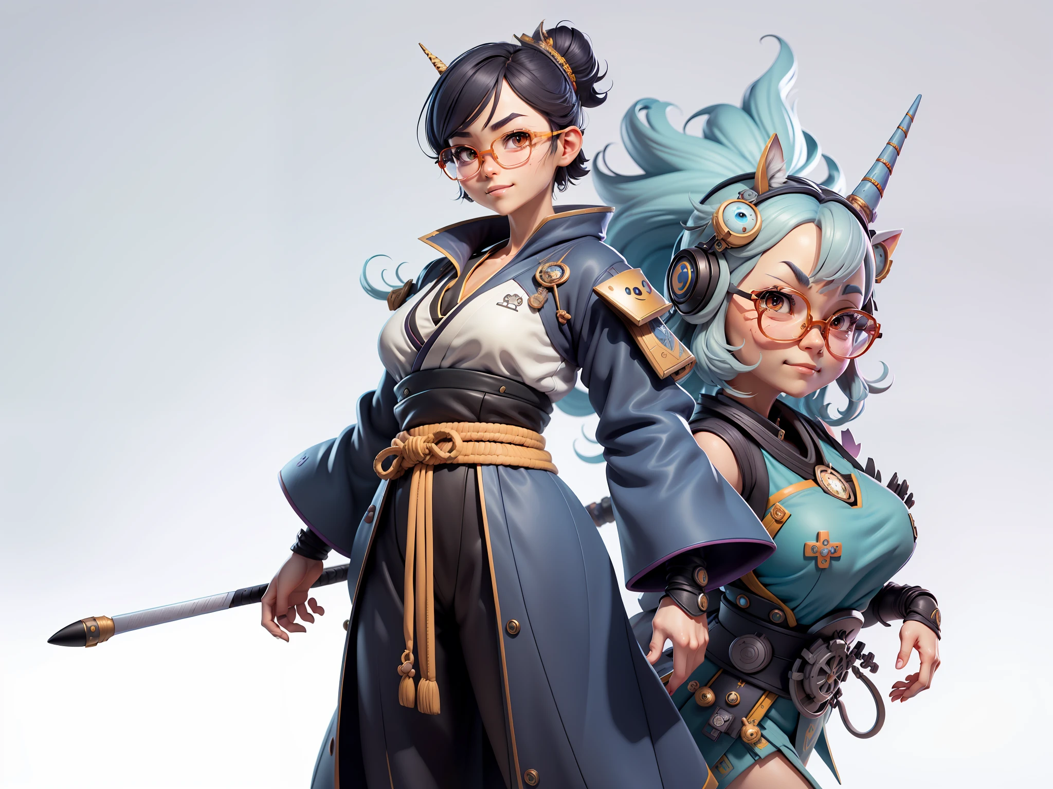 (Masterpiece), (Excellent), (Super Meticulous), (Full Body: 1.2), Super Young Woman, Japanese Samurai Beautiful, Unicorn, Sexy, Bursting, Oriental Face, TV Anchor, Bust Portrait Illustration, Alone, Black Suit, Blue Tie, Silver Glasses, Slightly Chubby, Very Clean Face, No Beard, Black Super Short Hair, Black Eyes, Confident Smile, 3c Computer Sub-Products, iPad, iPhone, Digital Painting, 3D Character Design by Mark Claireldon and Pixar and Hayao Miyazaki, The illustration is a high-definition illustration in 4K resolution with very detailed facial features and cartoon-style visuals.
