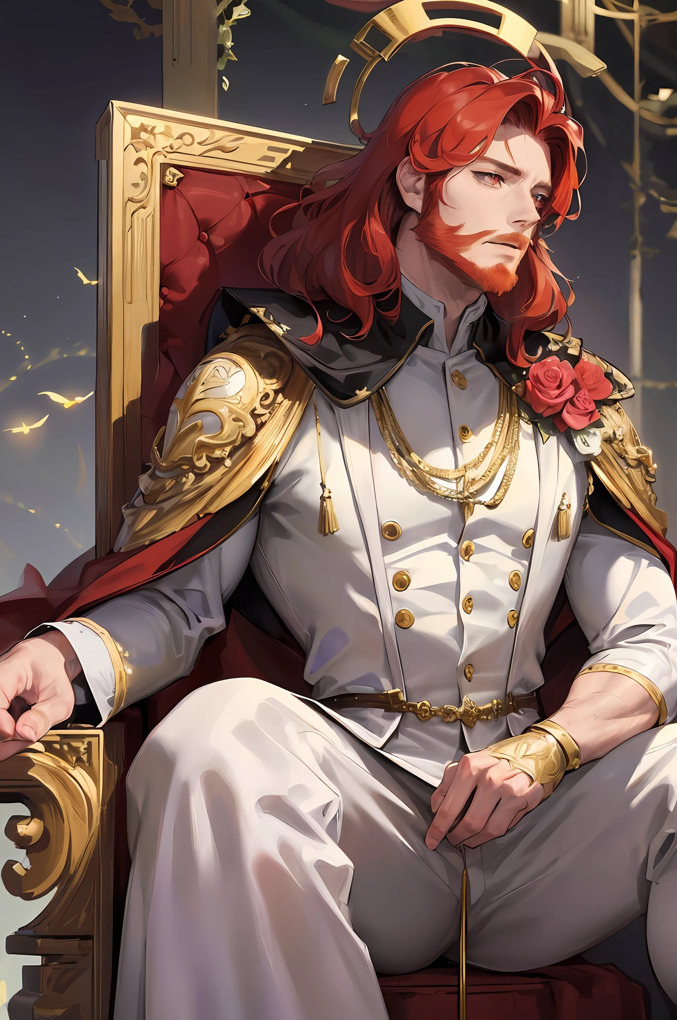 Official Art, Masterpiece, Sharp Focus, (Beautiful Gorgeous Man:1.3), (Beautiful and Thick Man:1.3), Delicate and Beautiful Hair and Eyes and Face, Realistic, Very detailed, Muscular Man, Seated on the Throne, (Side Lighting:1.2), ((Looking ahead, with both eyes open)), Short curly hair, Building, (Sikyung:1.7), Detailed platinum red hair, shining golden eyes, Gorgeous emperor attire, Fluttering drapery, With a gold crown on his head,  Red-bearded, majestic, fearful eyes,