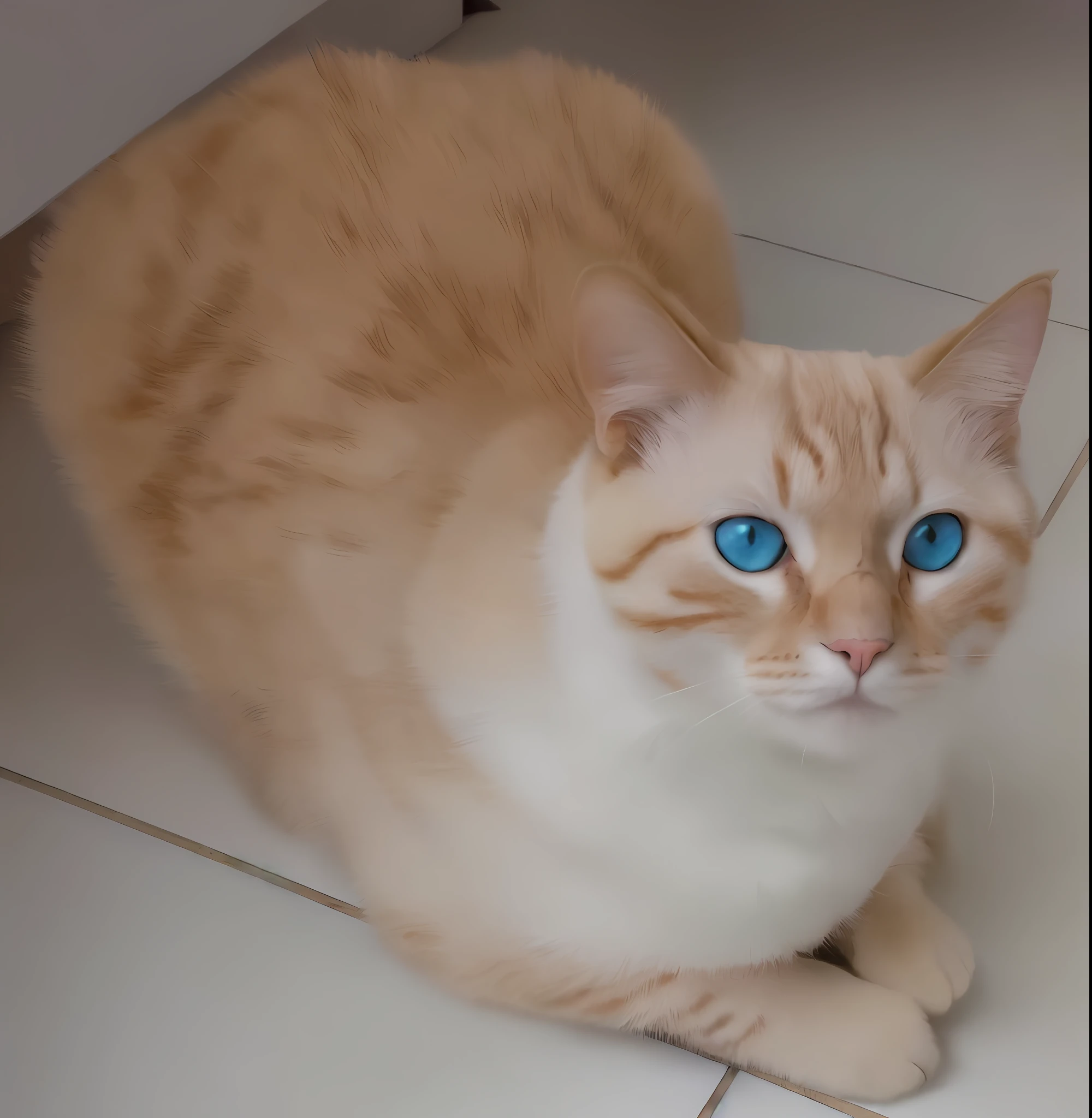 There's a cat that's sitting on the floor staring at the camera, pale blue eyes!, abstract