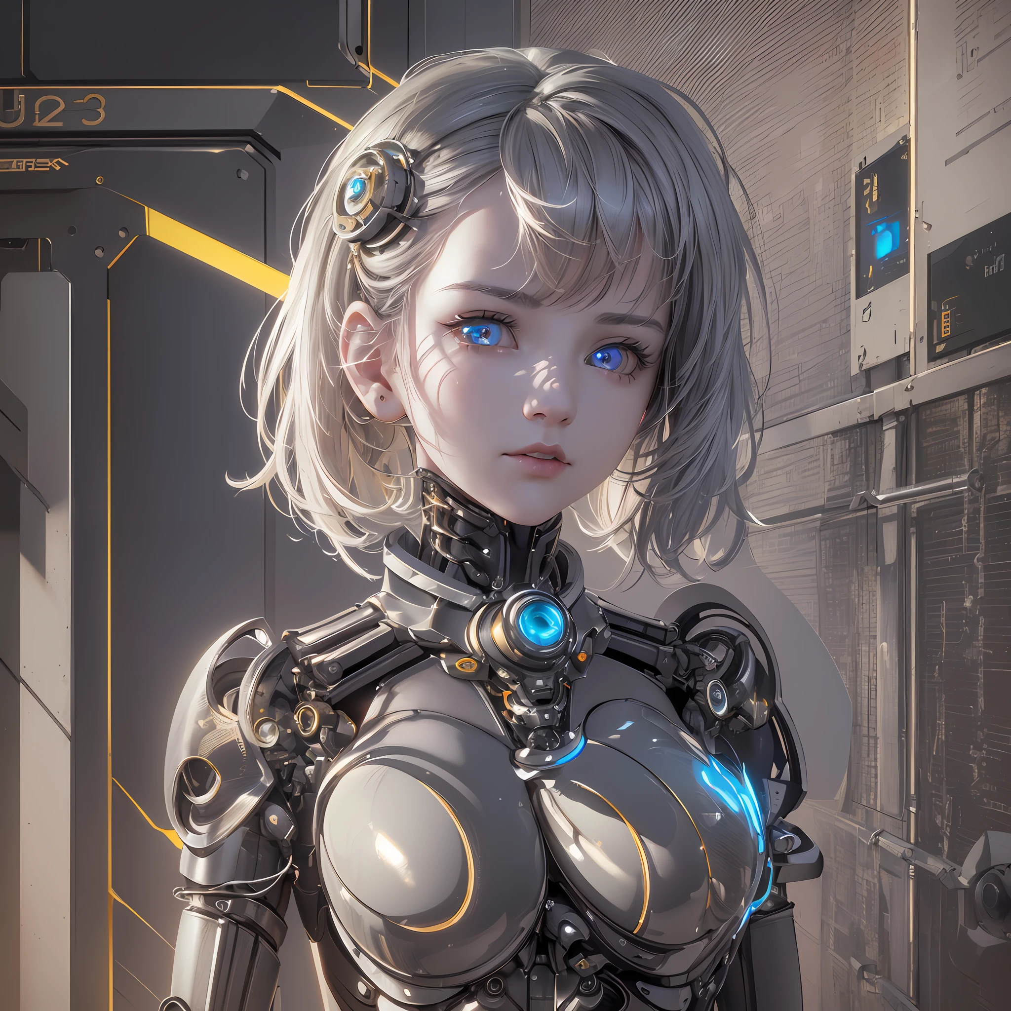 1 Machine Girl, (((Ultra-realistic Detail)), Portrait, Global Illumination, Shadows, Octane Rendering, 8K, Ultra Sharp, Metal, Intricate Ornament Details, Very Intricate Details, Realistic Light, CGSoation Trends, Glowing Eyes, Facing the Camera, Neon Details, Mechanical Limbs, Mechanical Vertebrae Attached to the Back, Mechanical neck attachment --auto --s2