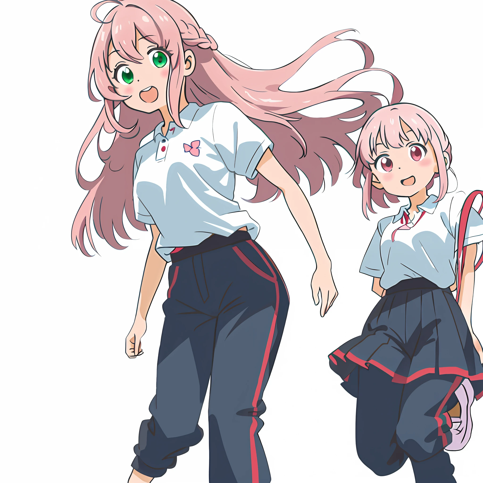 Anime illustrations in the style of "Kyoto Animation", highest quality, (cute: 1.1), (kawaii:1.5), (high resolution: 1.2), incredibly ridiculous: 1.3, incredibly fine illustrations, break ,1 beautiful girl, Solo, (heterochromia, light blue eyes and light green eyes), silhouette of star eyes, solo, standing figure, happy, :d, princess eyes, big breasts, break, braid, light pink hair, semi-long hair, red ribbon at the end of braid,break, (red short-sleeved polo shirt and black tight long pants, long heat tech inner shirt: 1.5) sneaker,break, standing, Angle from the front, break,vtuber,front angles,full body,(chibi:1.2)