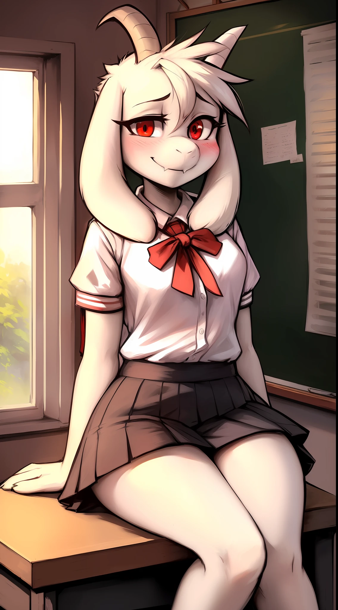 by Zackary911, kenket, kilinah, Zackary911, (((asriel, woman, breasts, antrum, extremely detailed, extremely detailed legs, extremely detailed arms, extremely detailed face, perfectly detailed eyes, perfectly detailed anatomy))): 1.2, solo, perspective, curved thighs, huge thighs, curvature, embarrassed smile, (tail), totally blushed, nervous, looking at the viewer, bedroom, red eyes, school girl uniform, school, day, classroom, sitting on a desk