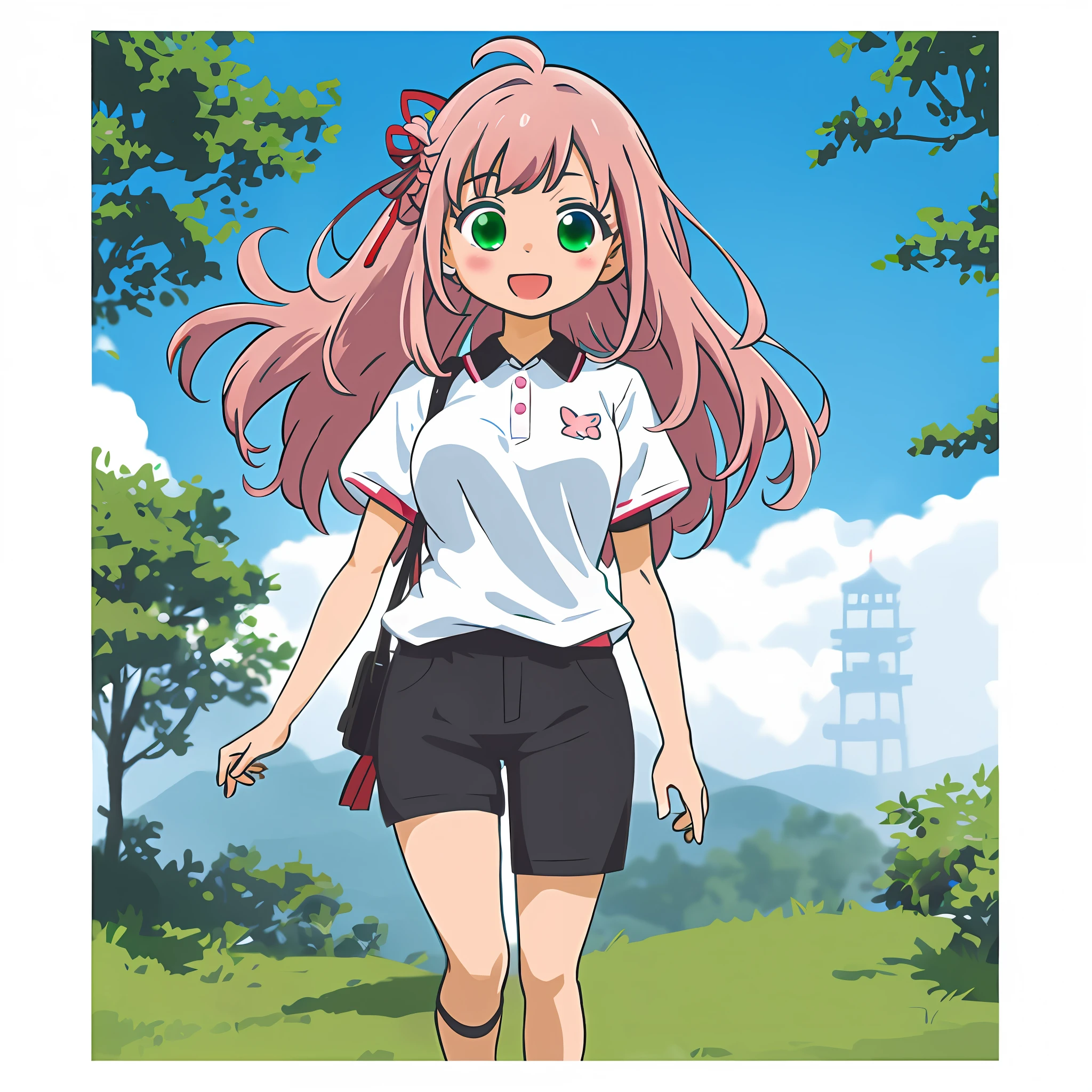 Anime illustrations in the style of "Kyoto Animation", highest quality, (cute: 1.1), (kawaii:1.5), (high resolution: 1.2), incredibly ridiculous: 1.3, incredibly fine illustrations, break ,1 beautiful girl, Solo, (heterochromia, light blue eyes and light green eyes), silhouette of star eyes, solo, standing figure, happy, :d, princess eyes, big breasts, break, braid, light pink hair, semi-long hair, red ribbon at the end of braid,break, (red short-sleeved polo shirt and black tight long pants, long heat tech inner shirt: 1.5) sneaker,break, standing, Angle from the front, break,vtuber,front angles,full body,(chibi:1.2)