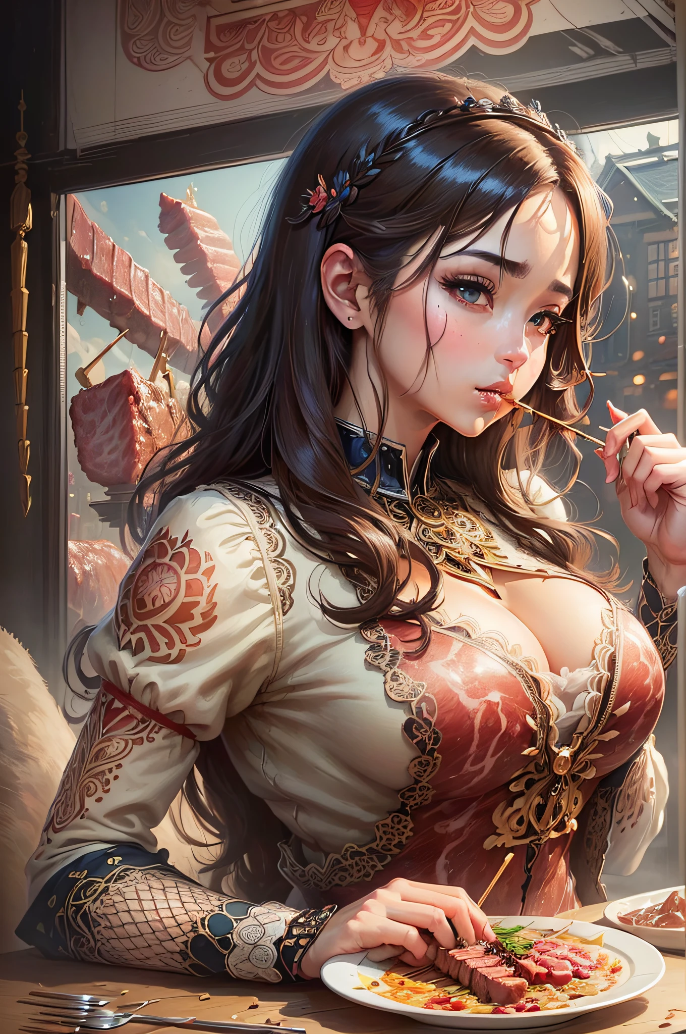 (((masterpiece, best quality, highest quality, illustration, intricate details)))), ((woman, anime, eating a meat skewer, tasty, appetizing, juicy)), (details of body, face and clothes) --auto --s2