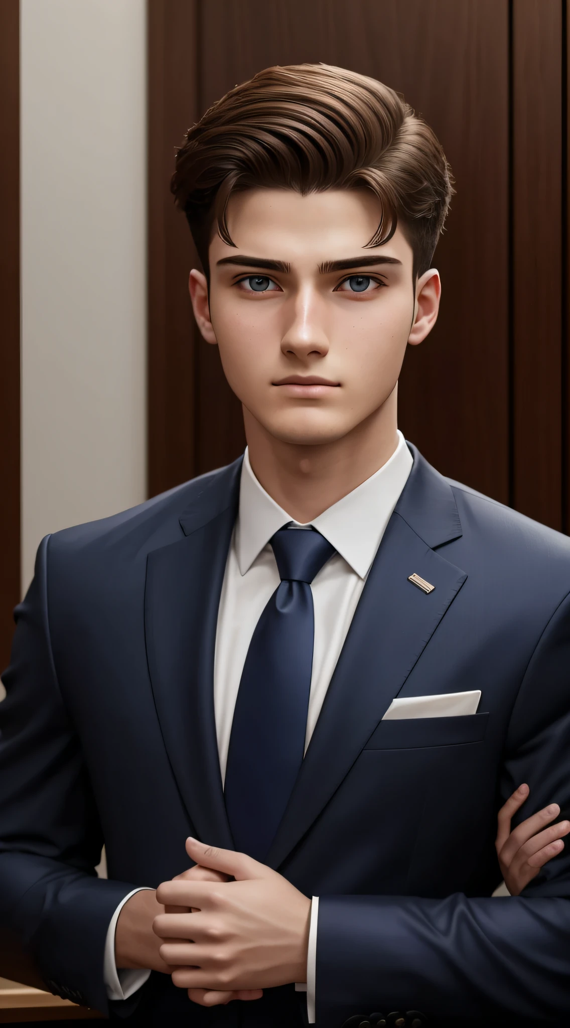 "Hyper-realistic and detailed, a 20-year-old student wearing a suit, handcuffed in a courtroom facing the camera, in realistic and detailed skin."