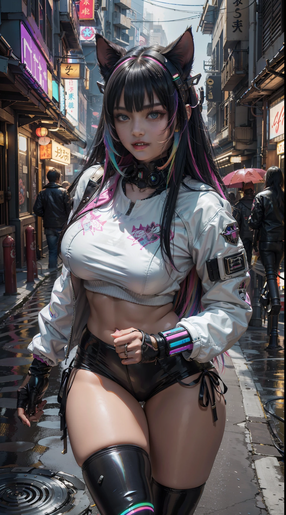 hyperrealistic close up portrait photograph of laughing cyberpunk ebony nekomata catgirl in a crowded Japanese street, large breasts, chubby, wearing white leather jacket and armor, fringe cut and bangs rainbow hairstyle, insane details, detailed designs, glowing colorful circuitry, colorful neon trim, cinematic lighting, rim lighting, f/2.8, art by H.R. Giger, Greg Rutowski