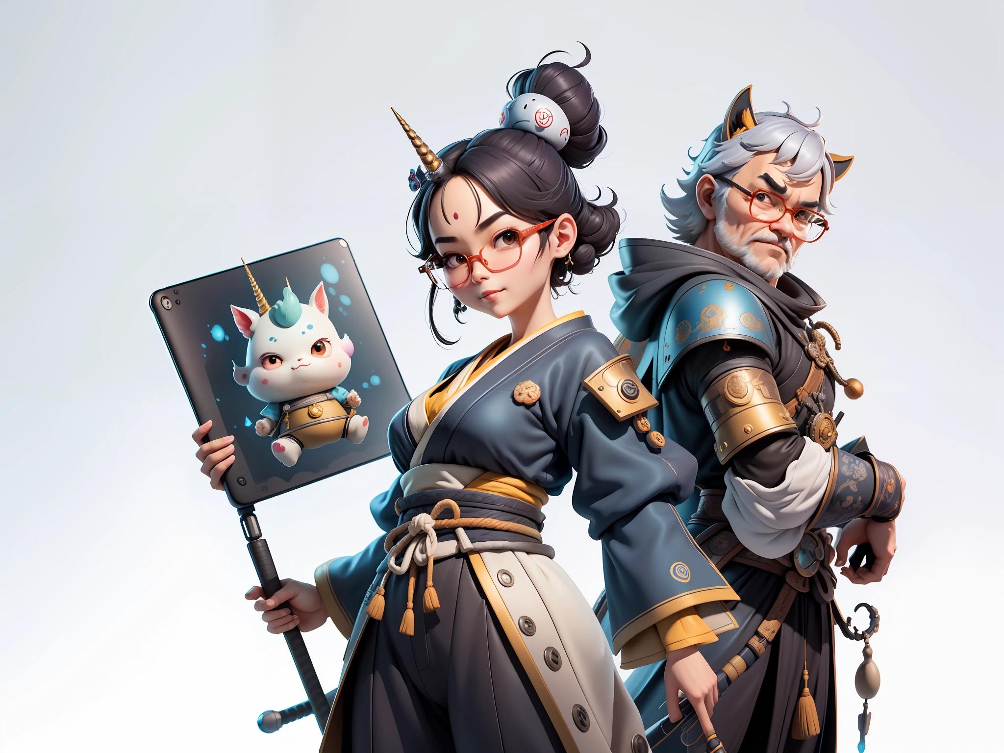 (Masterpiece), (Excellent), (Super Meticulous), (Full Body: 1.2), Super Young Woman, Japanese Samurai Beautiful, Unicorn, Sexy, Bursting, Oriental Face, TV Anchor, Bust Portrait Illustration, Alone, Black Suit, Blue Tie, Silver Glasses, Slightly Chubby, Very Clean Face, No Beard, Black Super Short Hair, Black Eyes, Confident Smile, 3c Computer Sub-Products, iPad, iPhone, Digital Painting, 3D Character Design by Mark Claireldon and Pixar and Hayao Miyazaki, The illustration is a high-definition illustration in 4K resolution with very detailed facial features and cartoon-style visuals.