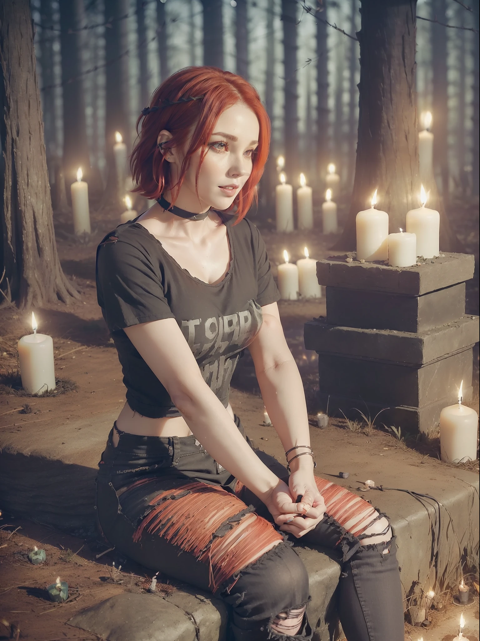 ((Full body):1.5) (({1/woman/human/beautiful}):2). Just {1/woman/human/beautiful}:((wearing a ripped black t-shirt, ripped jeans, sit on the clothes):1.3). Only {1/woman/human/beautiful}:((has short red hair, red eyes):1.5). Just {1/woman/human/beautiful}:((striking extroverted poses, sitting on a rock, looking at the viewer, smiling evil):1.). In a macabre forest with several headstones and a small fog, ((it's night, and several candles on the ground illuminate the place):1.4), Hyperrealism, 16k, ((super detail, high details):1.3), UHD, masterpiece