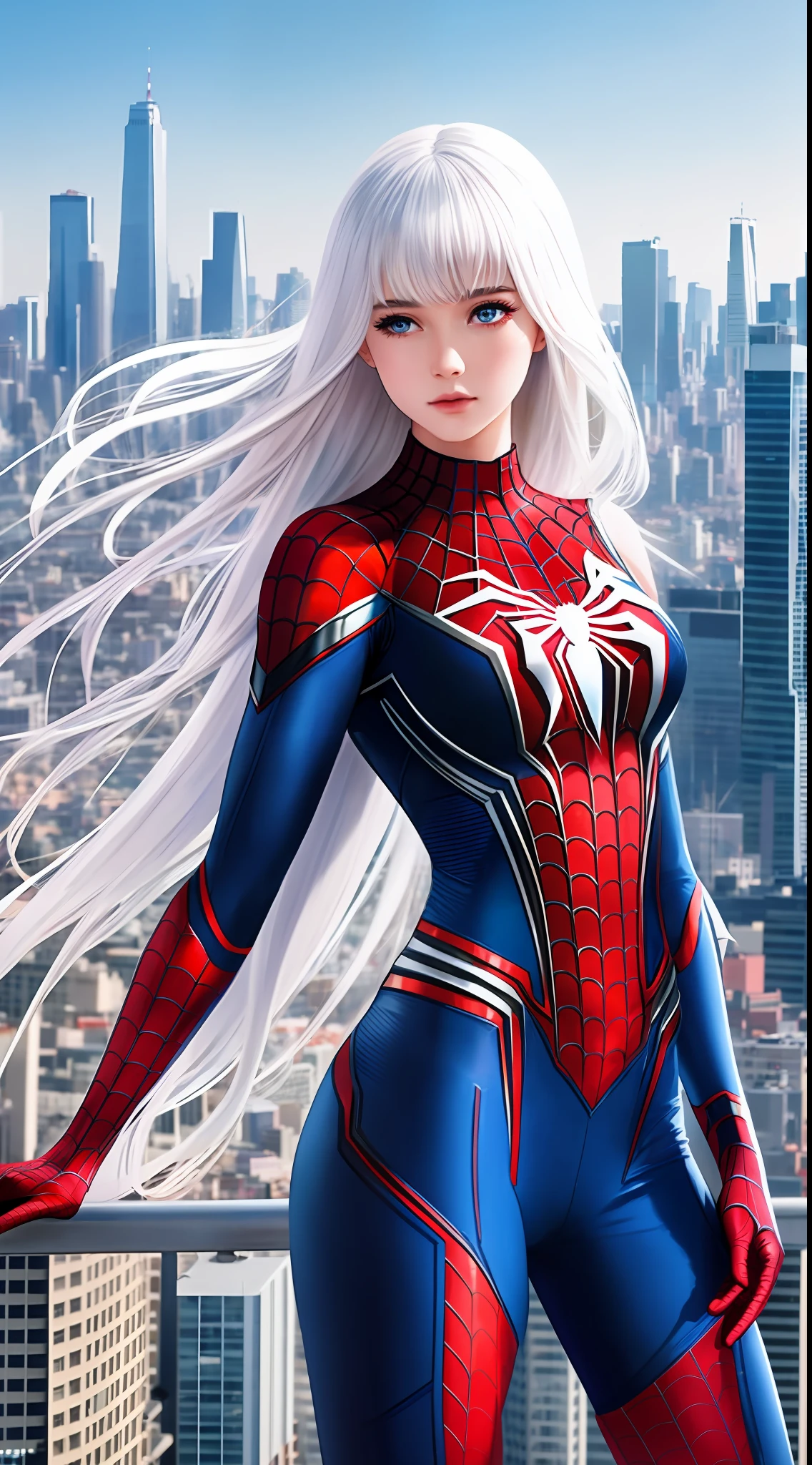 4k, realistic, charismatic, lots of detail, there is a girl at the top of the city, wearing the costume of spider-man, she is a spider-woman, white superhero theme, long white hair, 18 years old, full body, Japanese