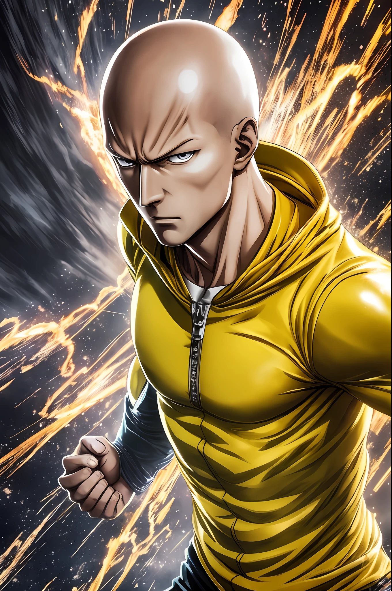 Saitama for One Punch Man, with yellow clothes and with cover, hyper realistic, night, Cinematic shot, Incredibly detailed, Sharp, Professional lighting, Photography lighting, 35mm, 8k --auto --s2