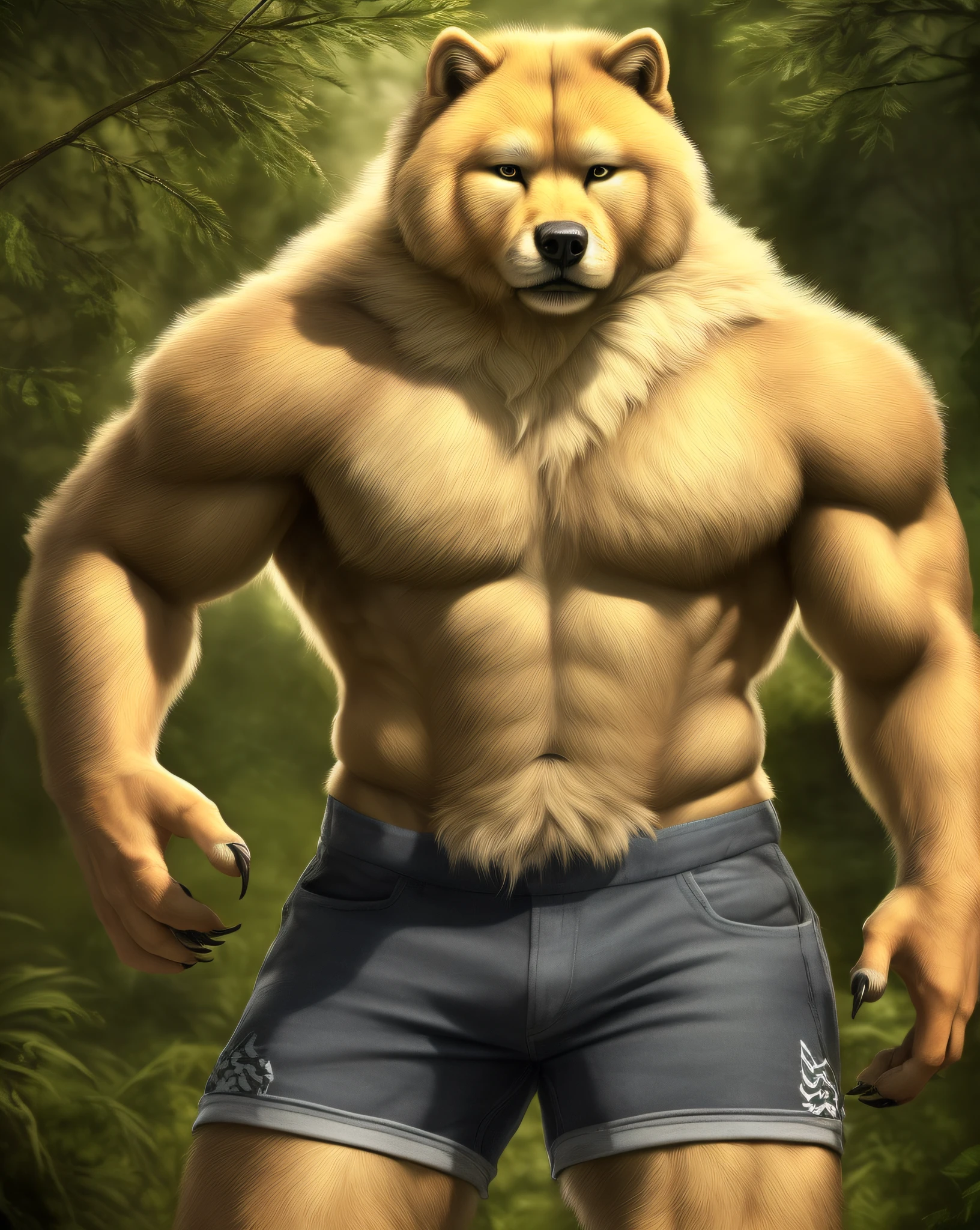 anthro (chow chow), male, adult, muscular, shorts, topless, claws, looking at the viewer, (by the realistic, detailed texture of the fur: 1.2), detailed background, wild background, photorealistic, hyper realistic, ultra detailed,