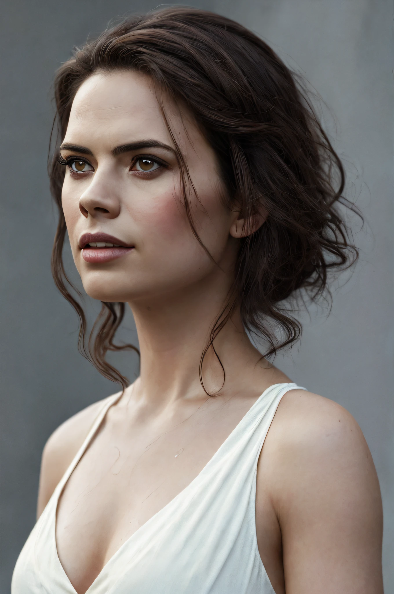 (Thirty year old) woman, standing in the rain, wearing a (long red dress:1.2), beautiful legs, (soaked hair), dreamy photo, dramatic pose, looking directly at camera, intense stare, slight smile, beautiful landscape, misty, andre kohn, Canon, (Detailed features::1.2), real life. Hayley Atwell, intricate, 8k, highly detailed, (extremely detailed CG unity 8k wallpaper), ((square jaw)), (well defined jaw), (downturned lips), (detailed anatomy), Hyperrealistic full shot body image, trending on CGSociety, Intricate, High Detail, Sharp focus, dramatic, volumetric lighting, digital painting, intense, modelshoot style, (extremely detailed CG unity 8k wallpaper), full shot body photo of the most beautiful artwork in the world, pearl skin, professional majestic oil painting by Ed Blinkey, Atey Ghailan, Studio Ghibli, by Jeremy Mann, Greg Manchess, Antonio Moro, trending on ArtStation, photorealistic painting art by midjourney and greg Rutkowski