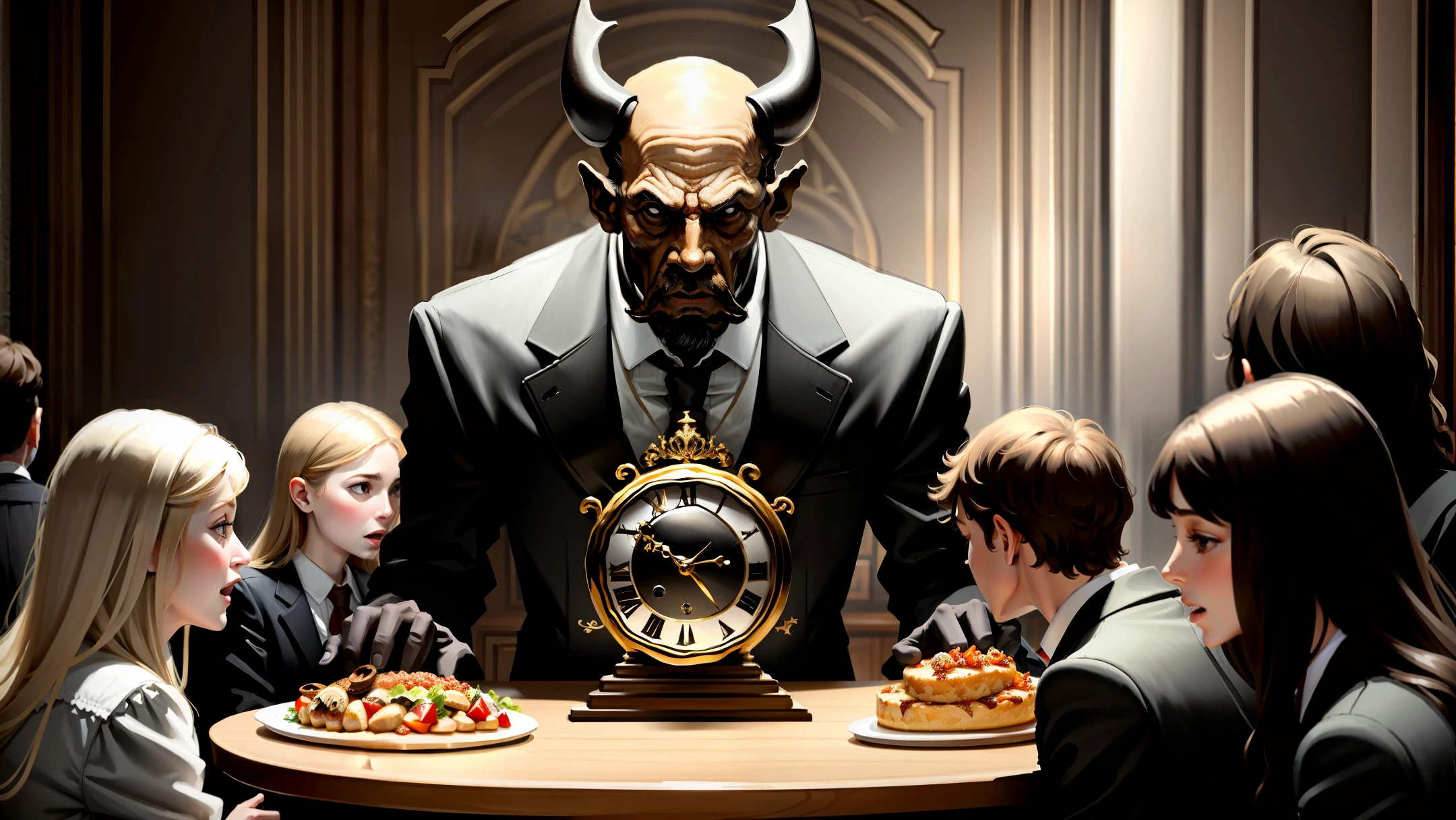 Bourgeois, eating people at a table, rich people eating human bodies, in the background a giant clock