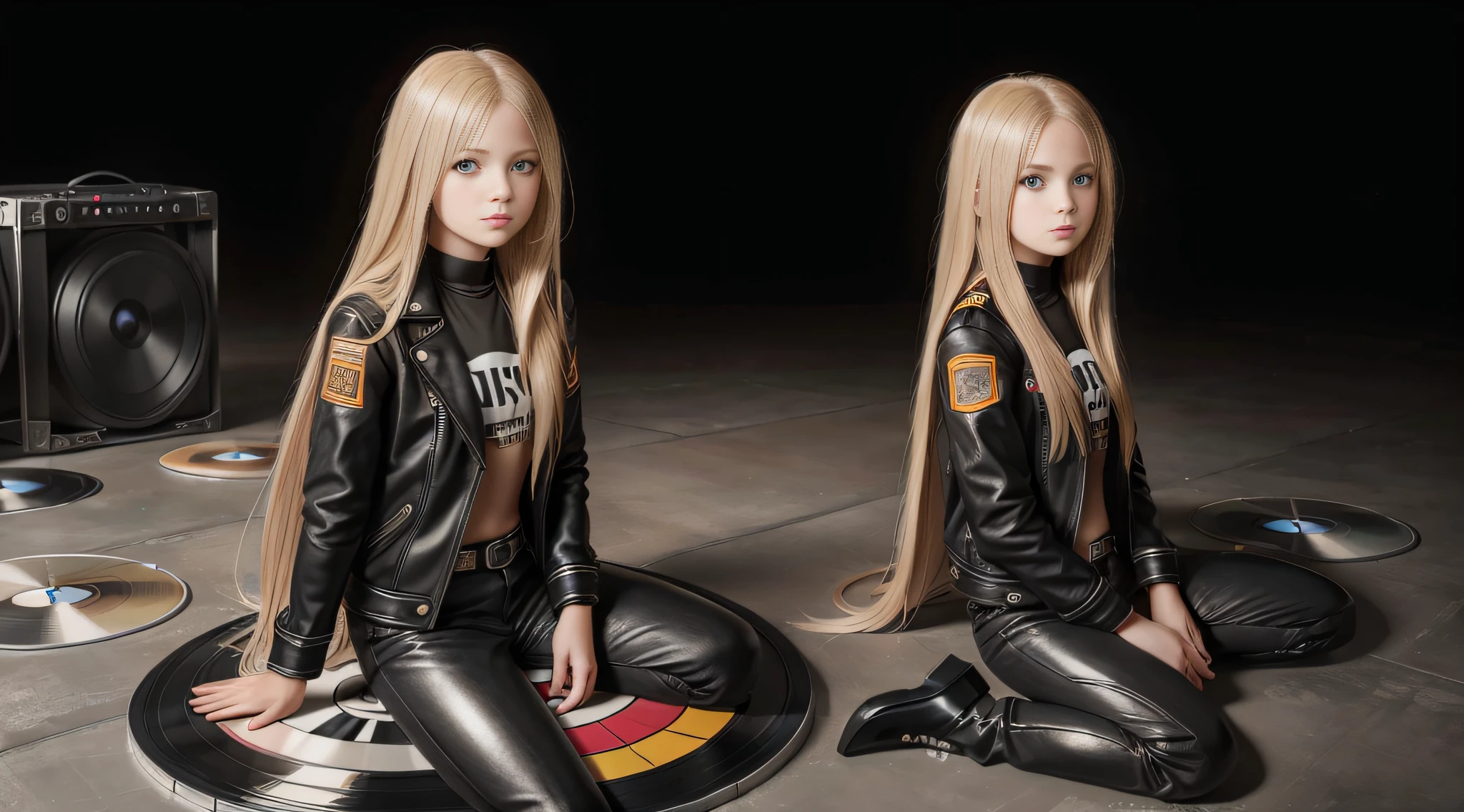 (hyper-realistic), (illustration), (high resolution), 12-year-old girl sitting on the floor, long blonde straight hair, with black leather jacket and black outfit, in the photographic studio, with infinite white background, with many cds and many vinyls on the floor.