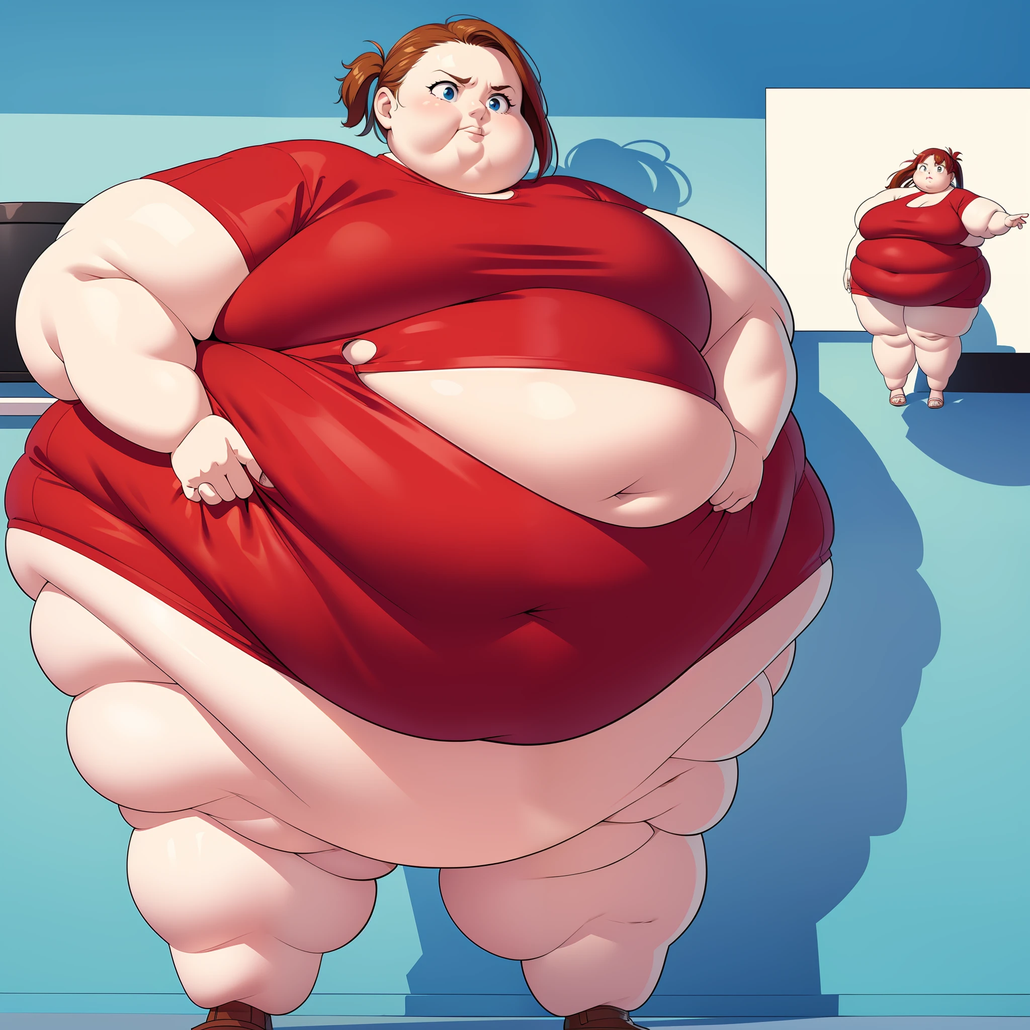 (masterpiece) A comedic illustration of a short girl with a round belly and short and fat legs and arms, holding arms out, captured in high detail. With a dynamic pose and emotion, her very detailed clothing and face add depth to the image. Hyper belly