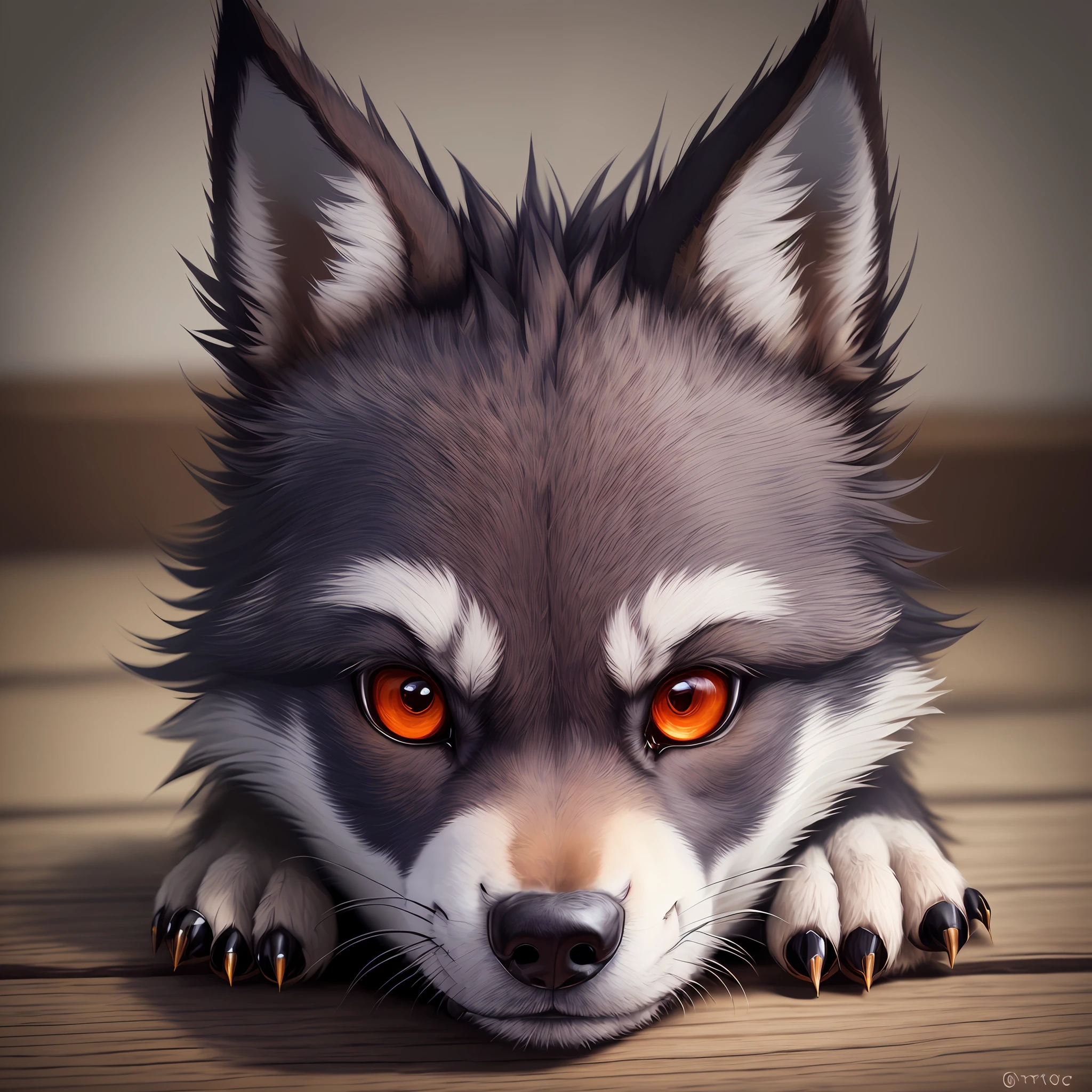 There is a drawing of a wolf with red glowing eyes lying on a wooden floor, adorable digital painting, ultra-realistic illustration, cute detailed digital art, realistic illustration, ultra-realistic picture, furry wolf, anthro wolf face, ultra-realistic illustration, retarded wolf portrait, furry character portrait, ultra-realistic 3D illustration, hyper-realistic illustration, digital painting very detailed