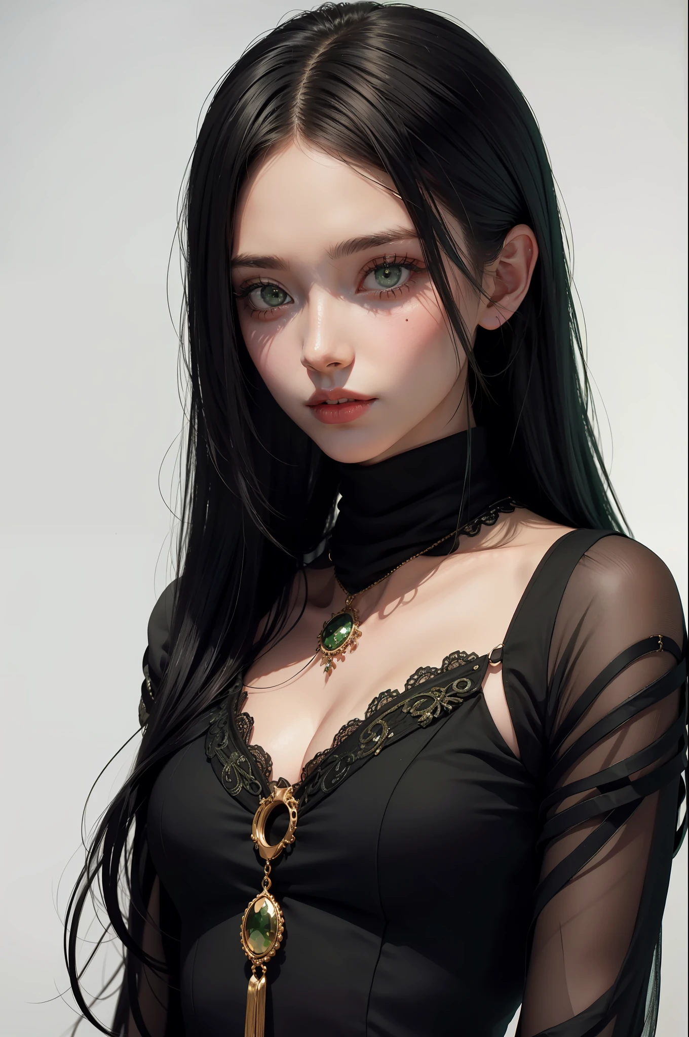 A girl with black long gair and green eyes, mesmerizing gaze, looking at the viewer, white background, hd, very detailed