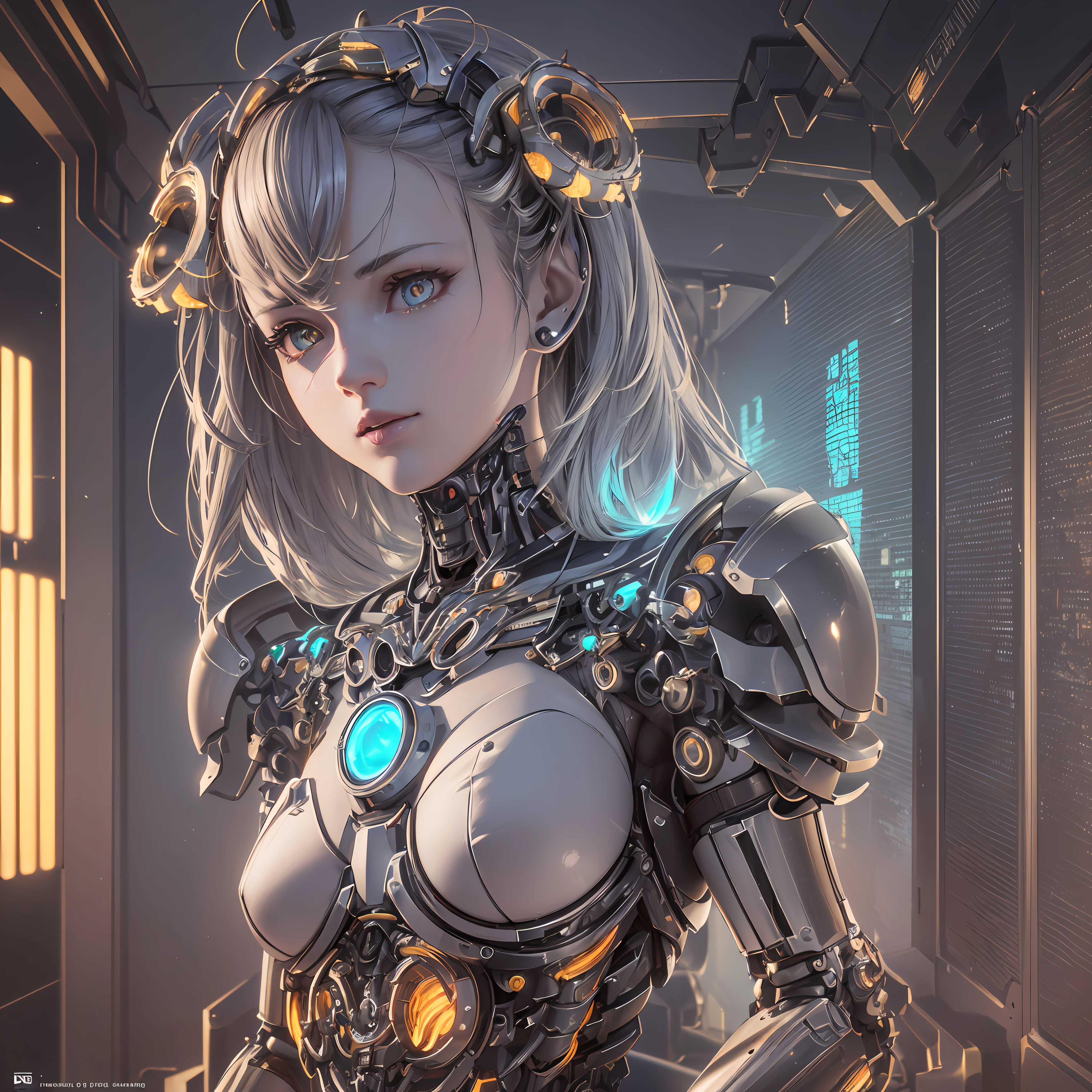 1 Machine Girl, (((Ultra-realistic Detail)), Portrait, Global Illumination, Shadows, Octane Rendering, 8K, Ultra Sharp, Metal, Intricate Ornament Details, Very Intricate Details, Realistic Light, CGSoation Trends, Glowing Eyes, Facing the Camera, Neon Details, Mechanical Limbs, Mechanical Vertebrae Attached to the Back, Mechanical neck attachment --auto --s2