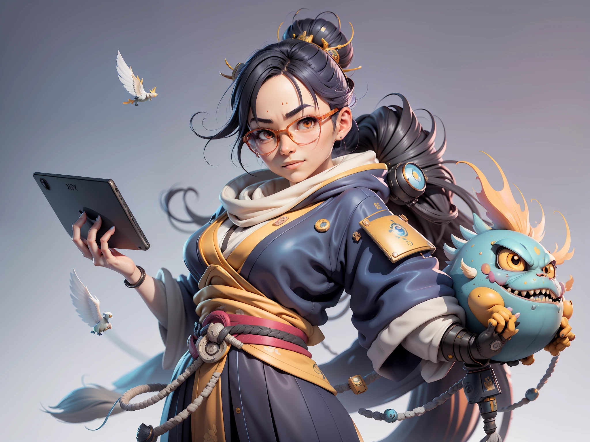 (Masterpiece), (Excellent), (Super Meticulous), (Full Body: 1.2), Super Young Woman, Japanese Female Samurai Beautiful, Phoenix, Sexy, Bursting, Oriental Face, TV Anchor, Bust Portrait Illustration, Alone, Black Suit, Blue Tie, Silver Glasses, Slightly Chubby Face, Very Clean Face, No Beard, Black Super Short Hair, Black Eyes, Confident Smile, 3c Computer Sub-Products, iPad, iPhone, Digital Painting, 3D Character Design by Mark Claireden and Pixar and Hayao Miyazaki, The illustration is a high-definition illustration in 4K resolution with very detailed facial features and cartoon-style visuals.