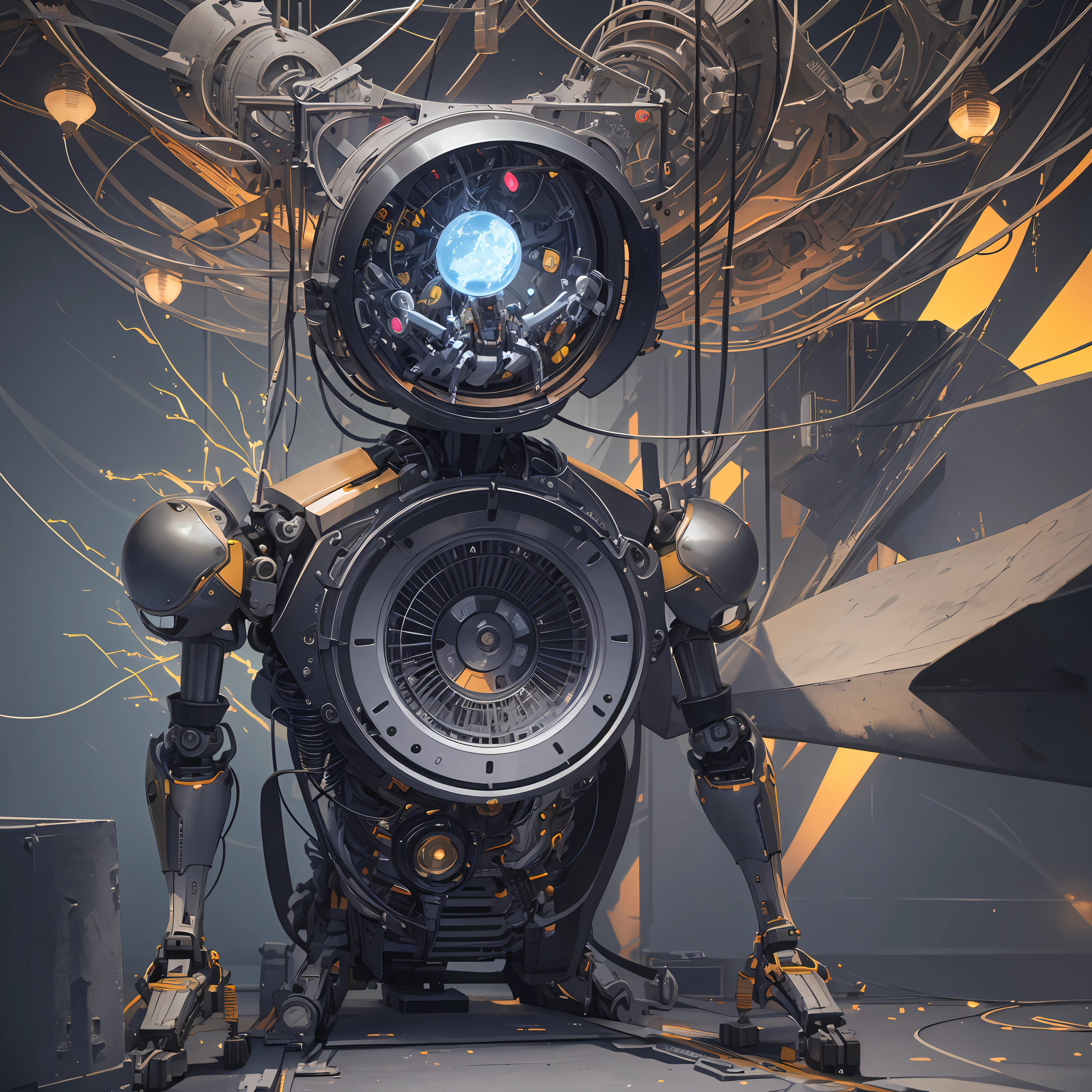 Standing on the factory assembly floor, ((surreal details)) a mechanical skeleton warrior with nuclear reactor on chest, portable miniature nuclear reactor, portrait, global illumination, shadows, octane rendering, 8k, super sharp, metallic, complex, ornamental detailed, cool colors, Egyptian details, highly complex details, realistic light, popular on cgsociety, glowing eyes, facing camera, neon details, mechanical limbs, sitting, wires and cables connected to the head, panorama, full body, tiny crew --auto --s2