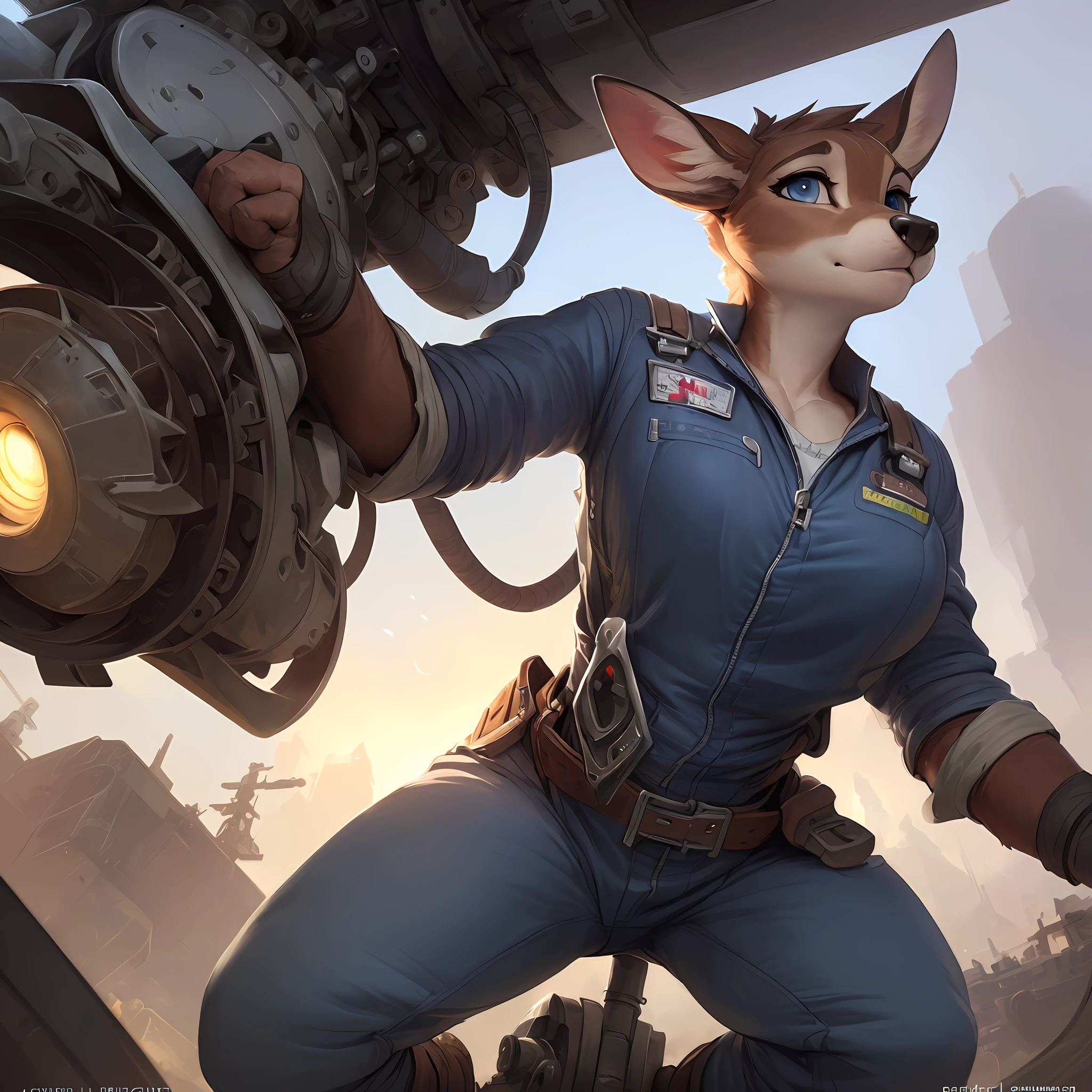 uploaded on e621, by Pixelsketcher, by Bayard Wu, by Thomas Benjamin Kennington , by Einshelm, solo anthro female deer doe with ((nice breasts)) and (fluffy tail) and ((clear navy blue eyes)), (( portrait)), BREAK, ((wear dirty work jumpsuit with toolbelt)), sweaty, nervous, (detailed Bonifasko lighting), (detailed fur), (detailed skin), BREAK, ((squatting down) to work on machinery), (cinematic lighting), ((detailed background) machinery, electronics, LEDs, mechanical devices, gears), ((low-angle view)), (((three-quarter view))), (half body shadow), [backlighting], [crepuscular ray], [detailed ambient light], [gray natural lighting], [ambient light on the belly], (higher wildlife feral detail), [explict content], [sharp focus], (questionable content), (shaded), ((masterpiece)), BREAK