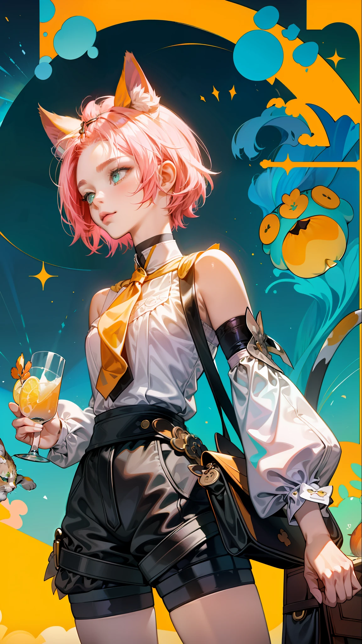 (flat color:0.9),(colorful:1.1),(masterpiece:1,2), best quality, masterpiece, highres, original, extremely detailed wallpaper,1girl,solo,cat Girl, short pink hair with cat ears, teal eyes, white sleeveless top, separate sleeves, black shorts, side bag in a shape of cat paw, yellow tie, making a cocktail, inside the bar cafe