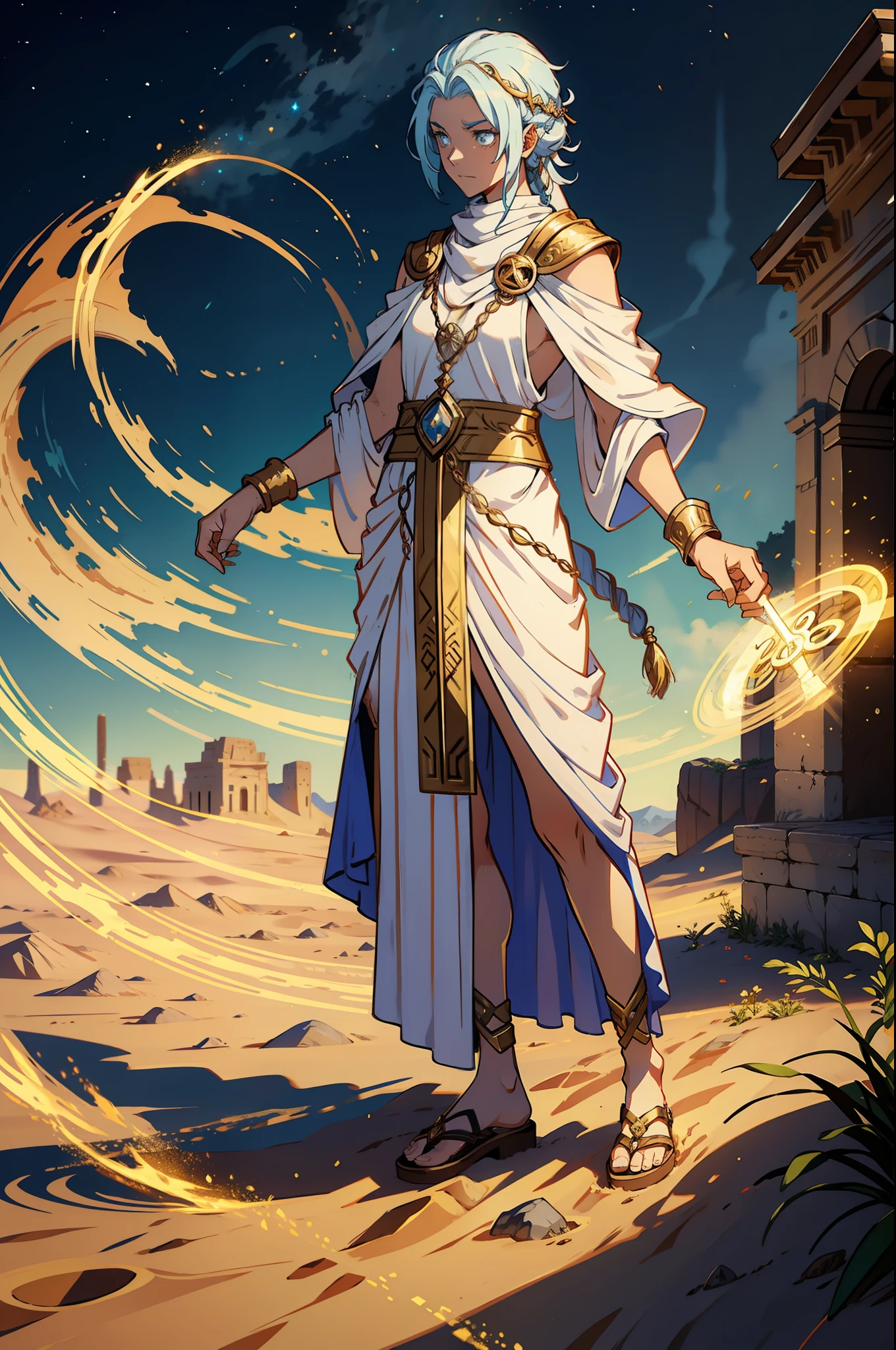 Earth genasi Time wizard made of flowing sand in roman clothing