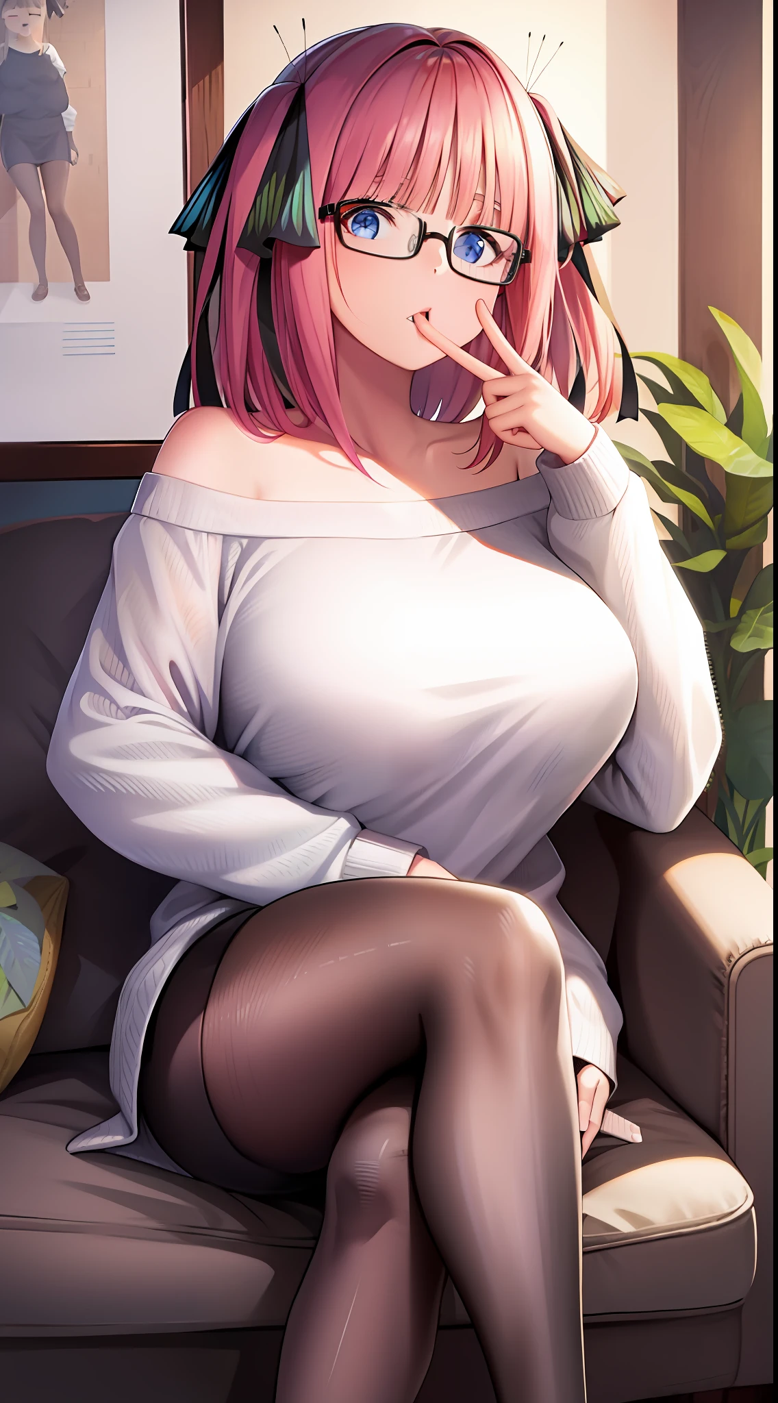 Sitting,Crossed legs,black short pencil skirt,off-shoulder white sweater,big breast,breast focus,Thigh,full body,looking at viewer,shy,mouth open,glasses