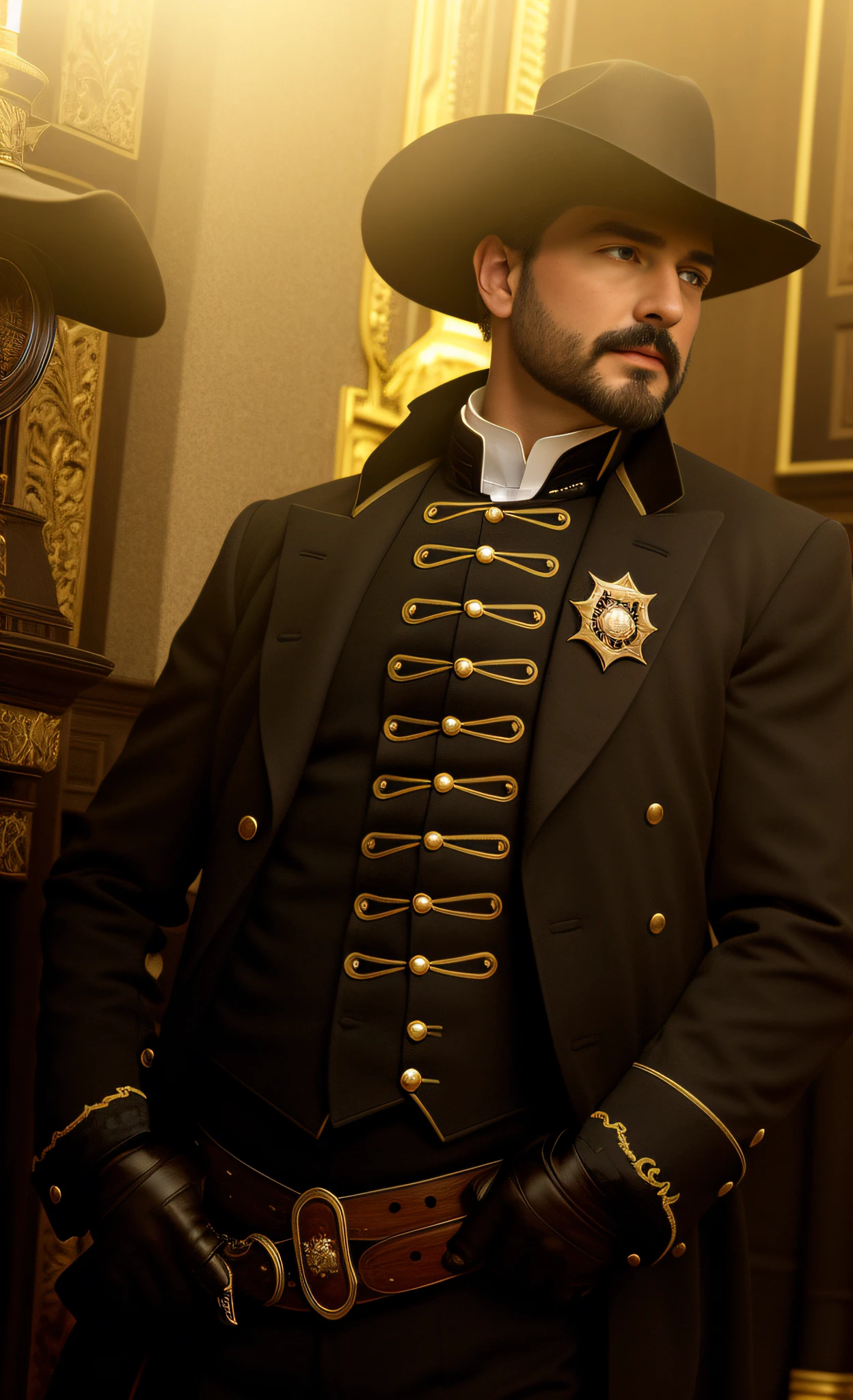 There is a man in hat and suit holding a sheriff's holster, very detailed and rich clothes, dignified aristocrat, dressed as a Western sheriff, nineteenth-century military attire, wearing a black noble suit, dressed with antique suit, ornate costume, ferred - themed robes and hat, intricate suit, teacher's clothes, black stetson and coat, wearing an ornate suit