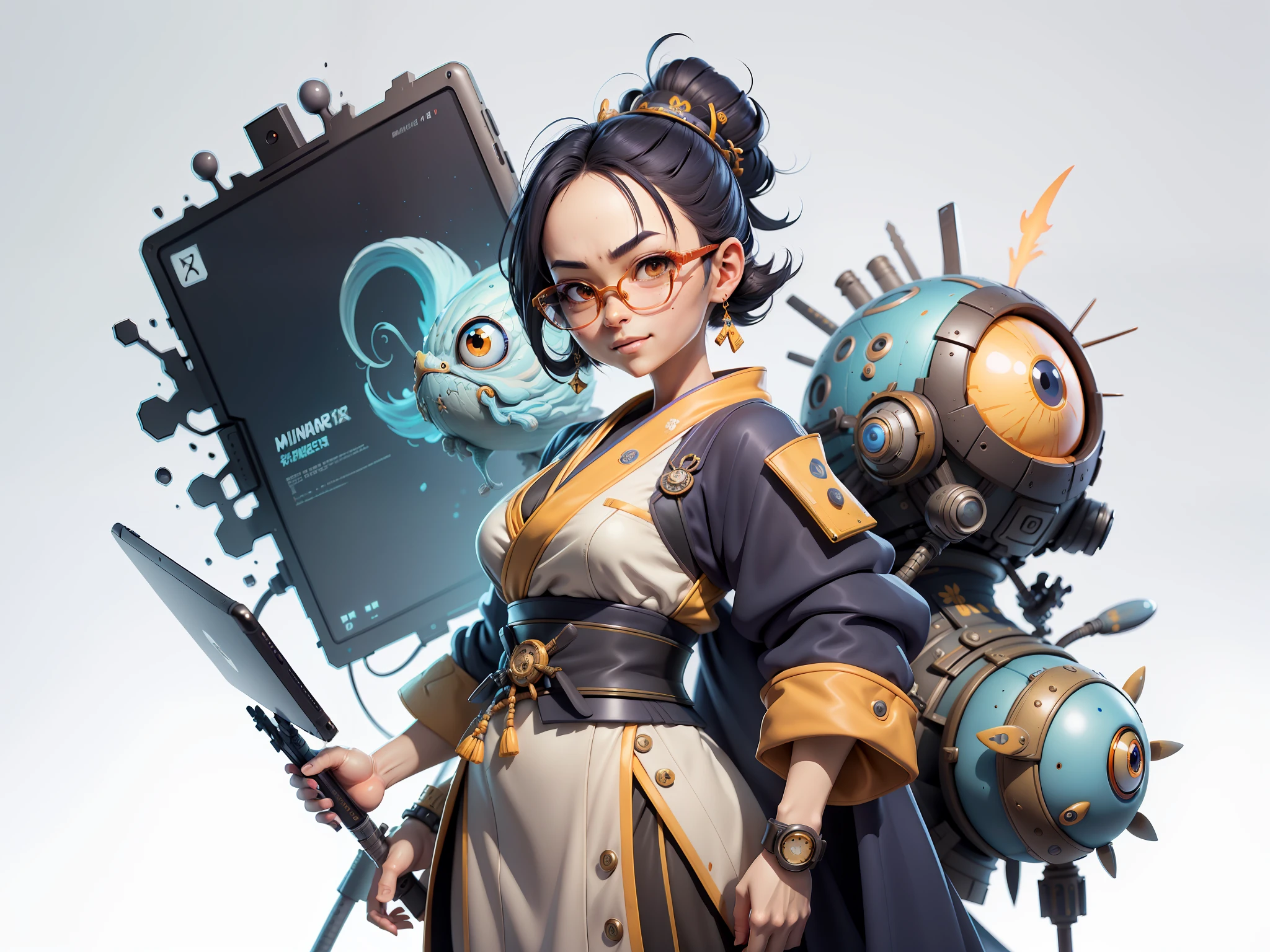 (Masterpiece), (Excellent), (Super Meticulous), (Full Body: 1.2), Super Young Woman, Japanese Female Samurai Beautiful, Phoenix, Sexy, Bursting, Oriental Face, TV Anchor, Bust Portrait Illustration, Alone, Black Suit, Blue Tie, Silver Glasses, Slightly Chubby Face, Very Clean Face, No Beard, Black Super Short Hair, Black Eyes, Confident Smile, 3c Computer Sub-Products, iPad, iPhone, Digital Painting, 3D Character Design by Mark Claireden and Pixar and Hayao Miyazaki, The illustration is a high-definition illustration in 4K resolution with very detailed facial features and cartoon-style visuals.