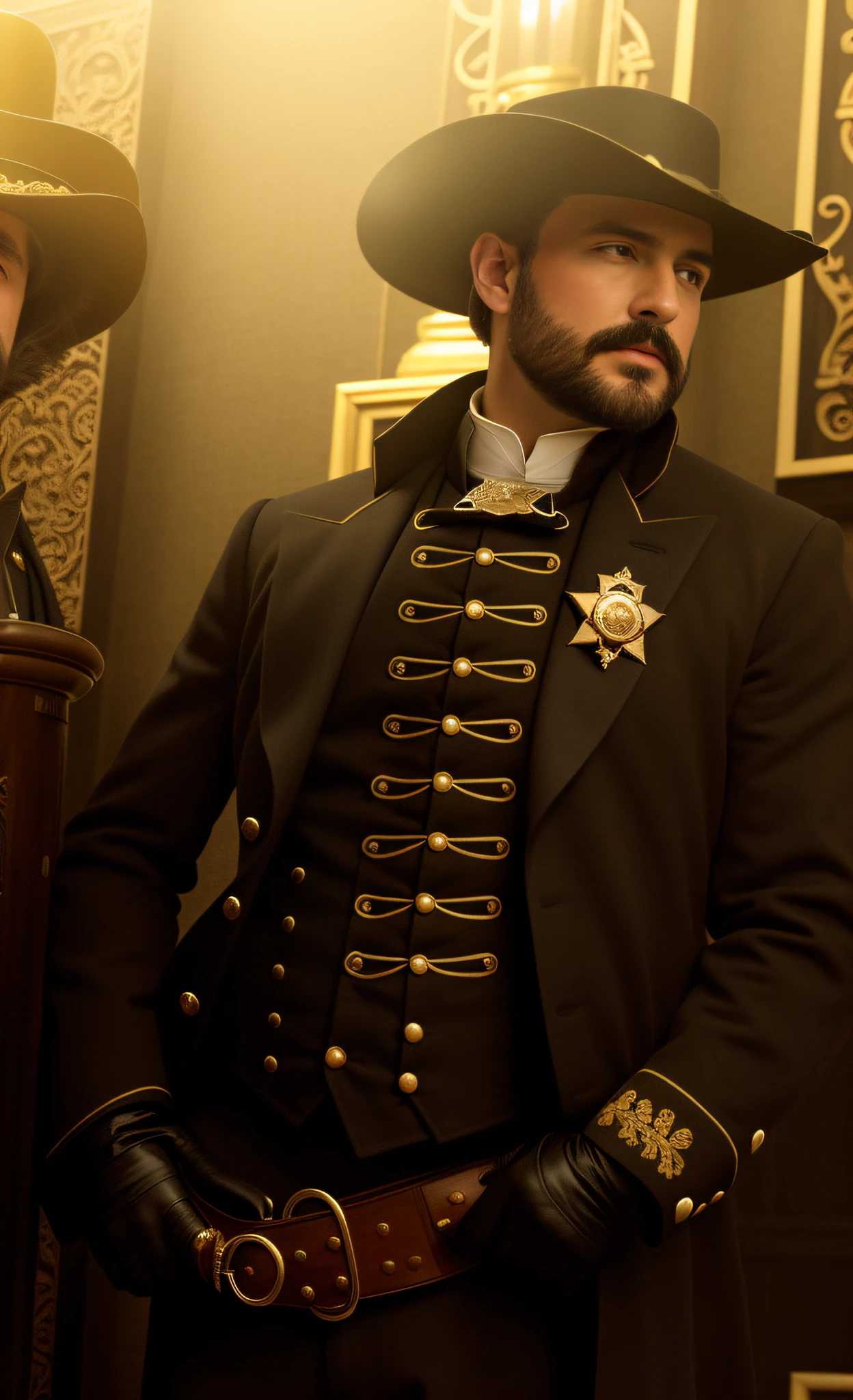 There is a man in hat and suit holding a sheriff's holster, very detailed and rich clothes, dignified aristocrat, dressed as a Western sheriff, nineteenth-century military attire, wearing a black noble suit, dressed with antique suit, ornate costume, ferred - themed robes and hat, intricate suit, teacher's clothes, black stetson and coat, wearing an ornate suit