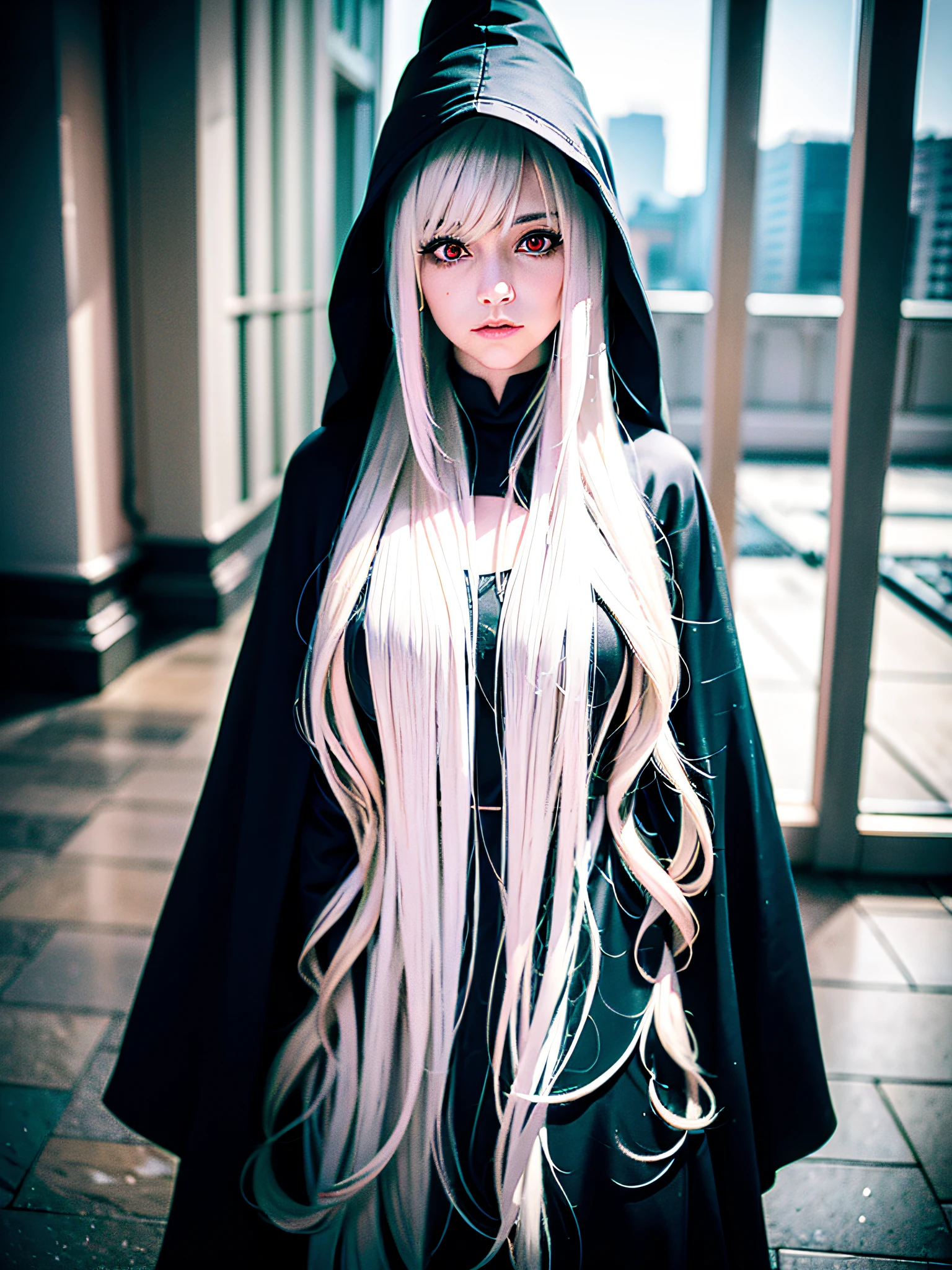 RAW photo, one person, full body black robe, skin invisible, red eyes, full body photo of 60 year old woman, pointing here, wavy white hair, long hair, witch hat, white skin, slender body, background is urban ruins, (very detailed skin: 1.2), 8k UHD, DSLR, soft lighting, high quality, film particles, fujifilm XT3